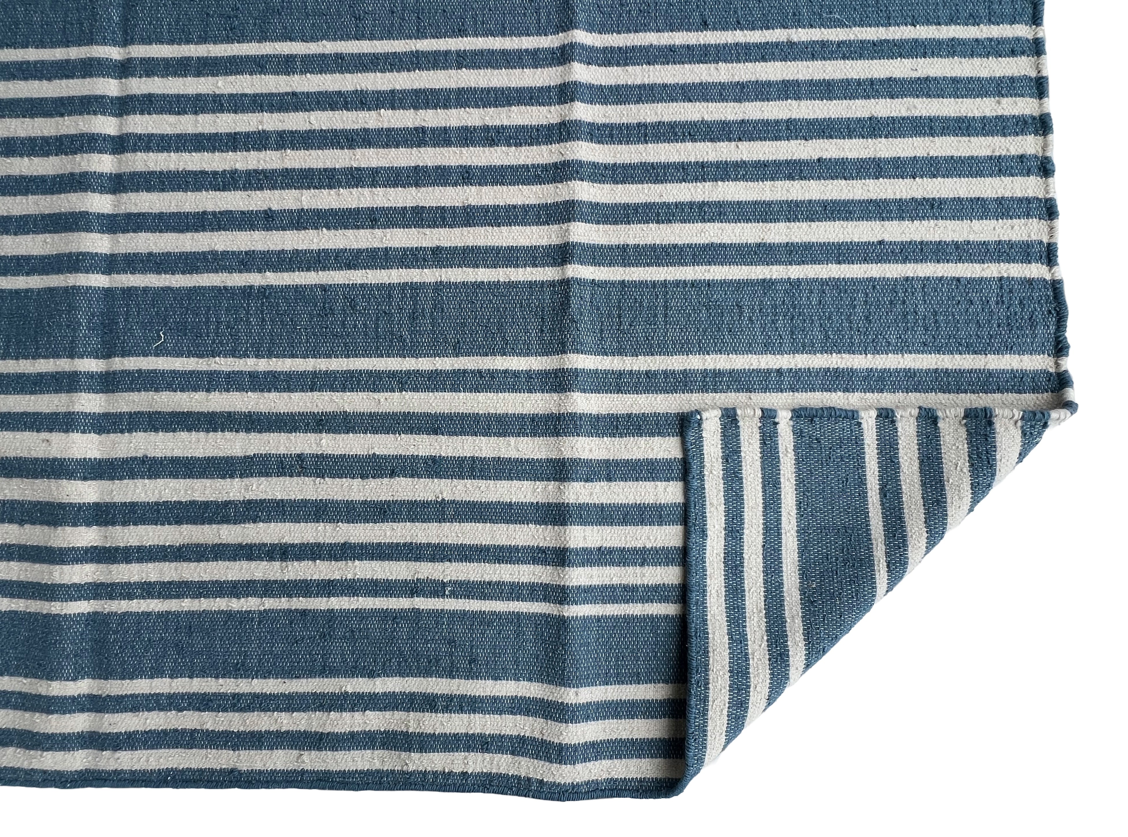 Modern Handmade Thick Woolen Sky Blue And White Striped Rug-6833