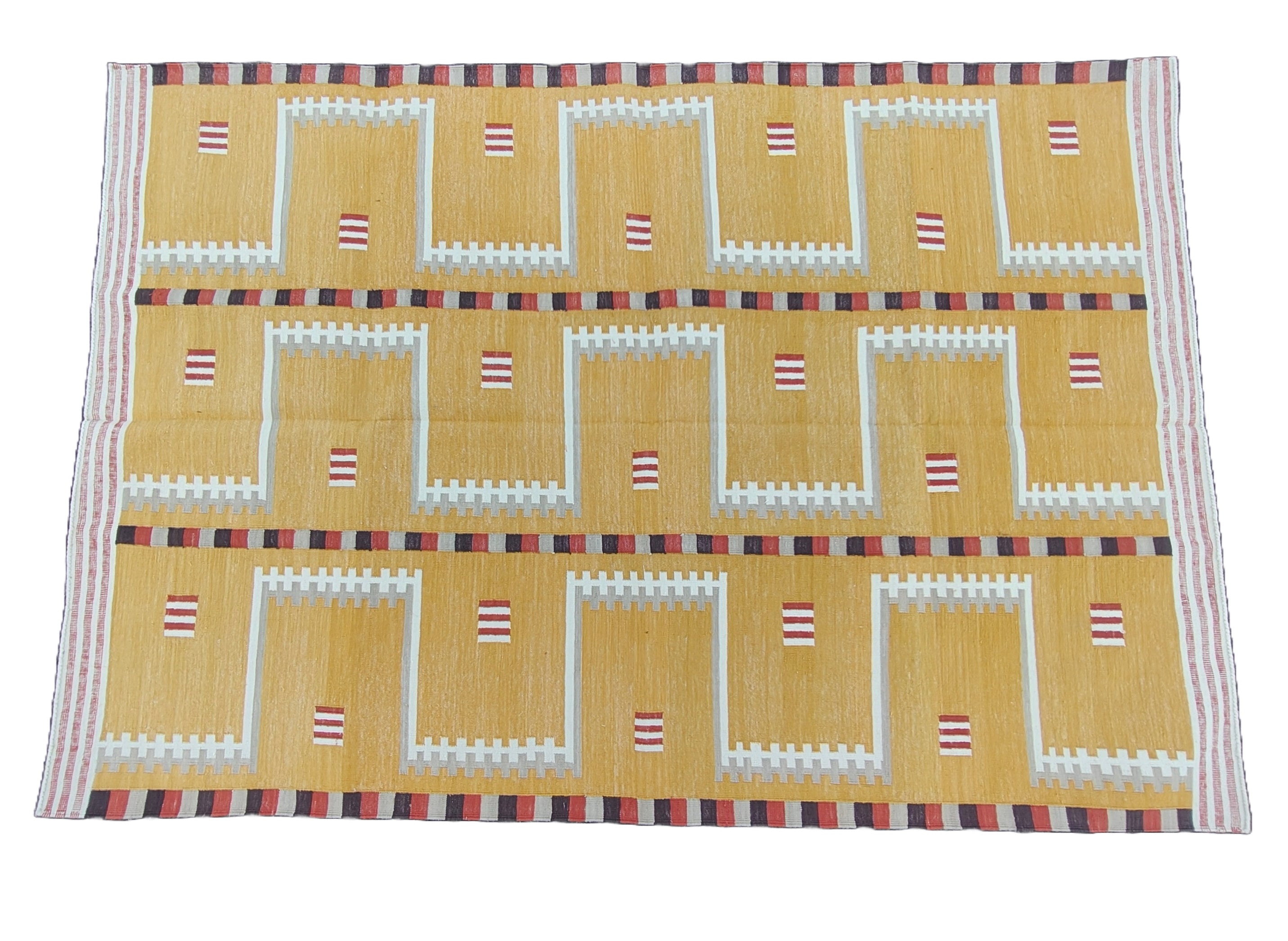 Modern Handmade Cotton Rug, 4x6 Mustard And Cream Geometric Rug-6776