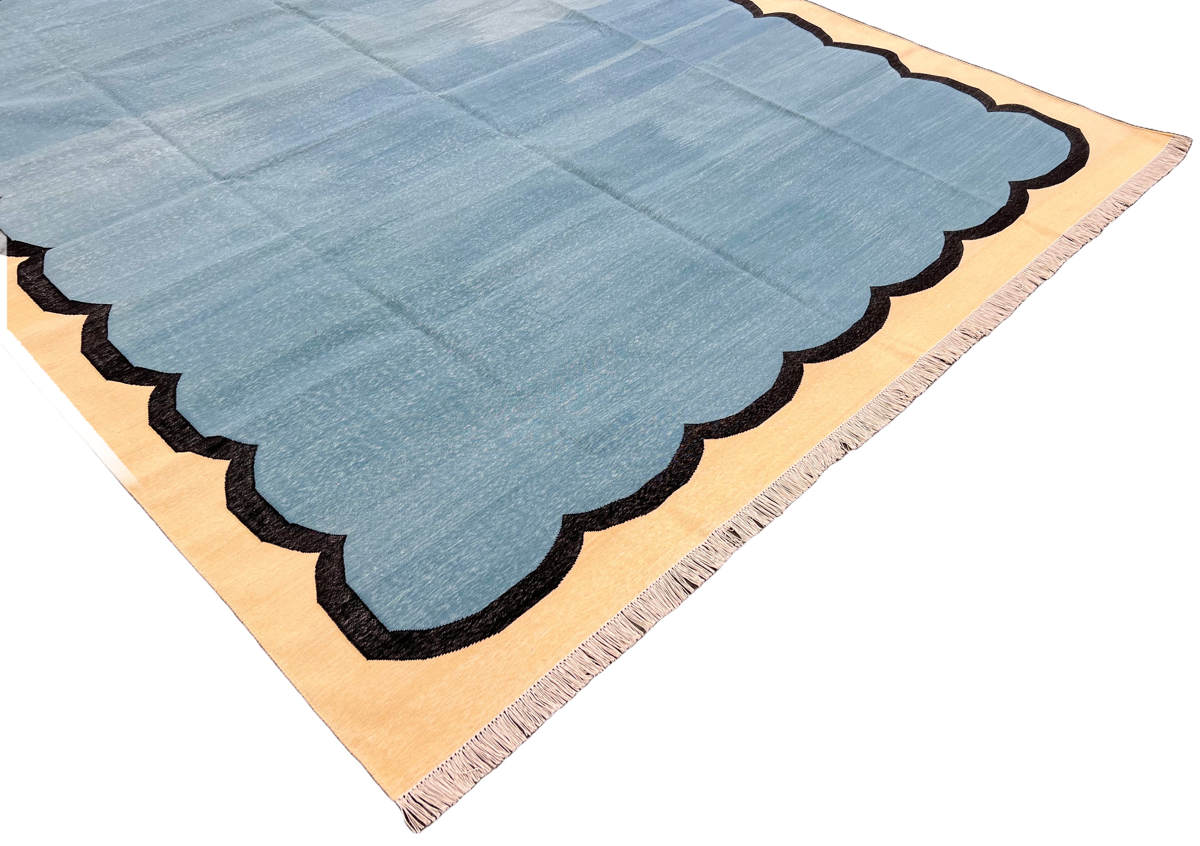 Modern Handmade Cotton Teal Blue, Black and Cream Scalloped Rug-6766