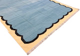 Modern Handmade Cotton Teal Blue, Black and Cream Scalloped Rug-6766