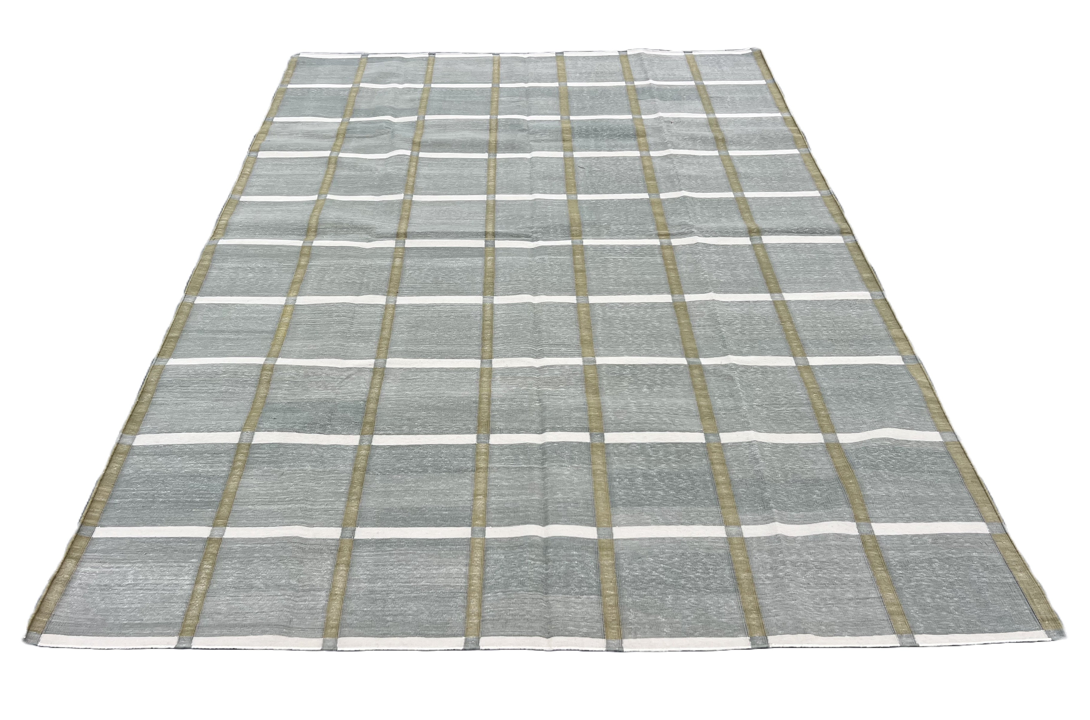 Modern Handmade Cotton Gray, Cream And Olive Green Windowpane Checked Area Rug-6853