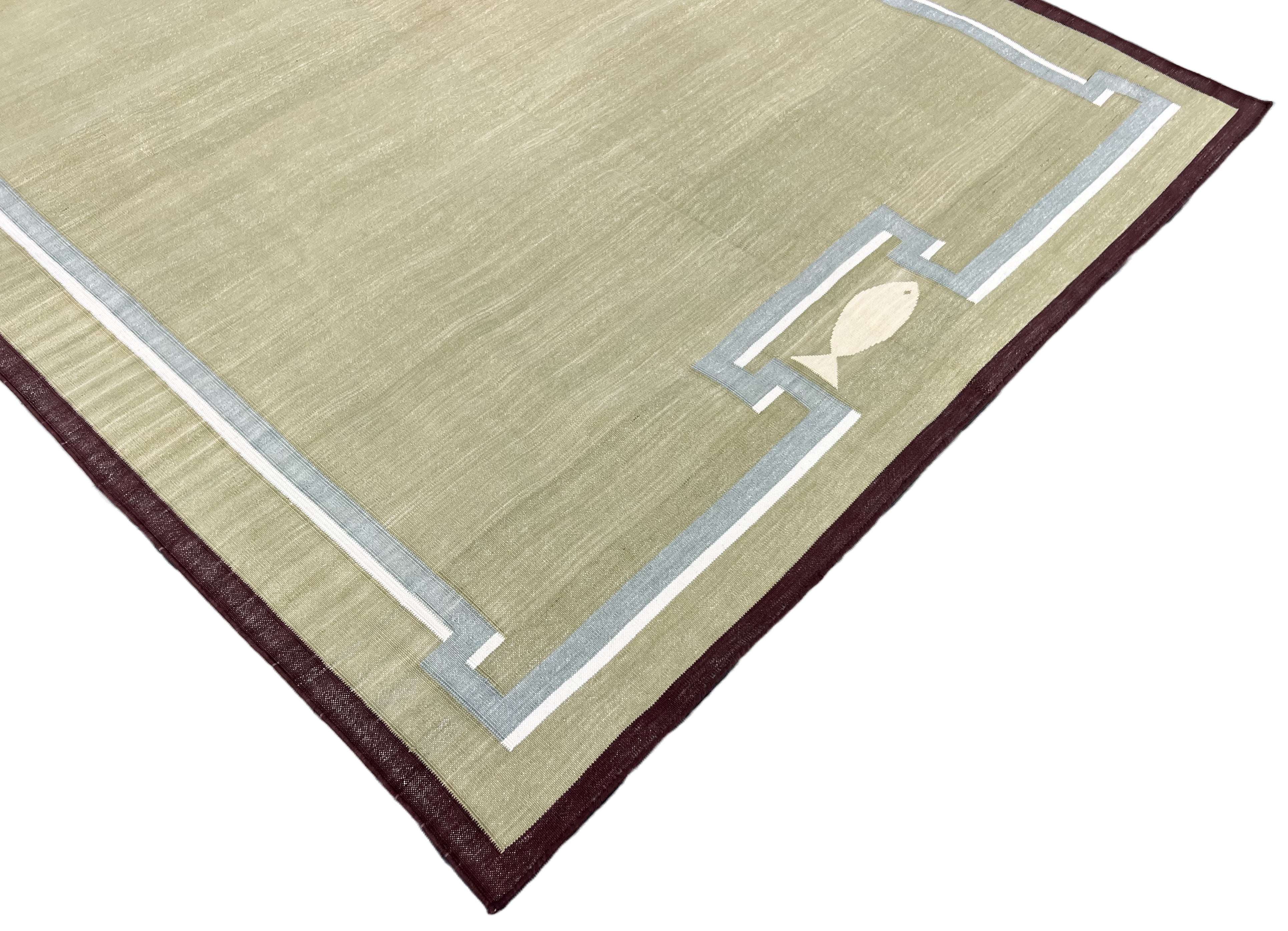 Modern Handmade Cotton Olive Green, Cream And Wine Color Fish Pattern Runner-6847