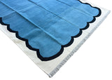 Modern Handmade Cotton Teal Blue, Black and Cream Scalloped Rug-6791
