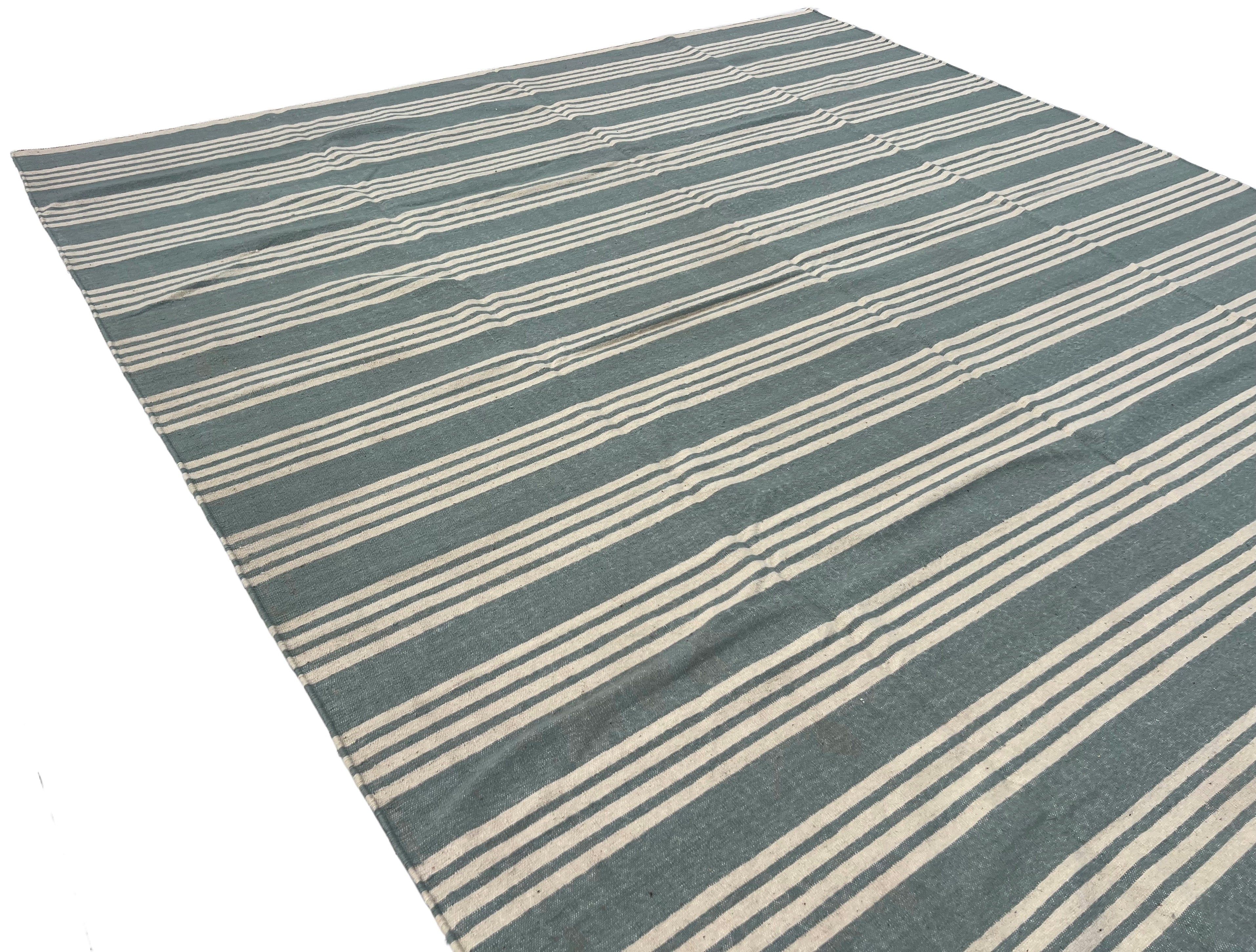 Modern Handmade Woolen Greyish Blue And White Striped Rug-6836
