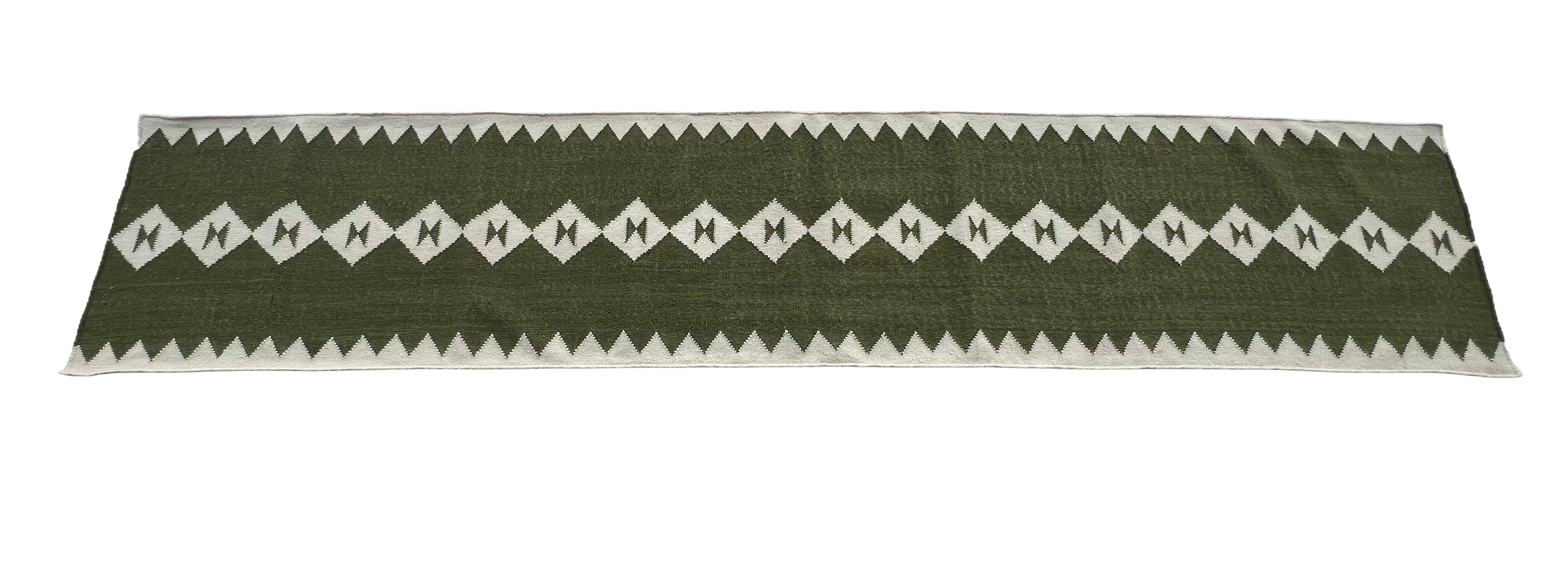 Modern Handmade New Zealand Wool Dark Olive Green And White Geometric Runner-6824