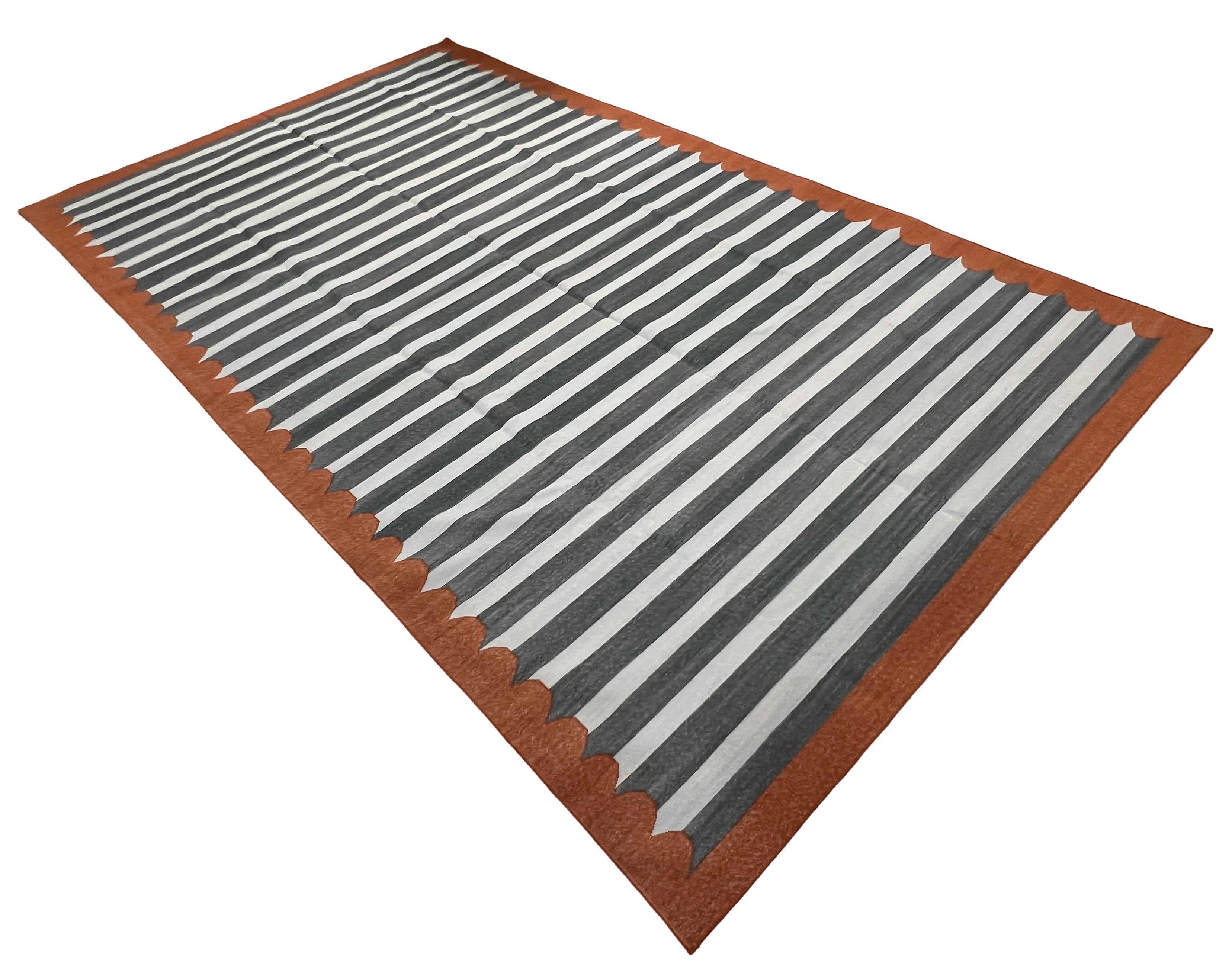Modern Handmade Cotton Sky Blue, Gray And Terracotta Scalloped Striped Area Rug-6831