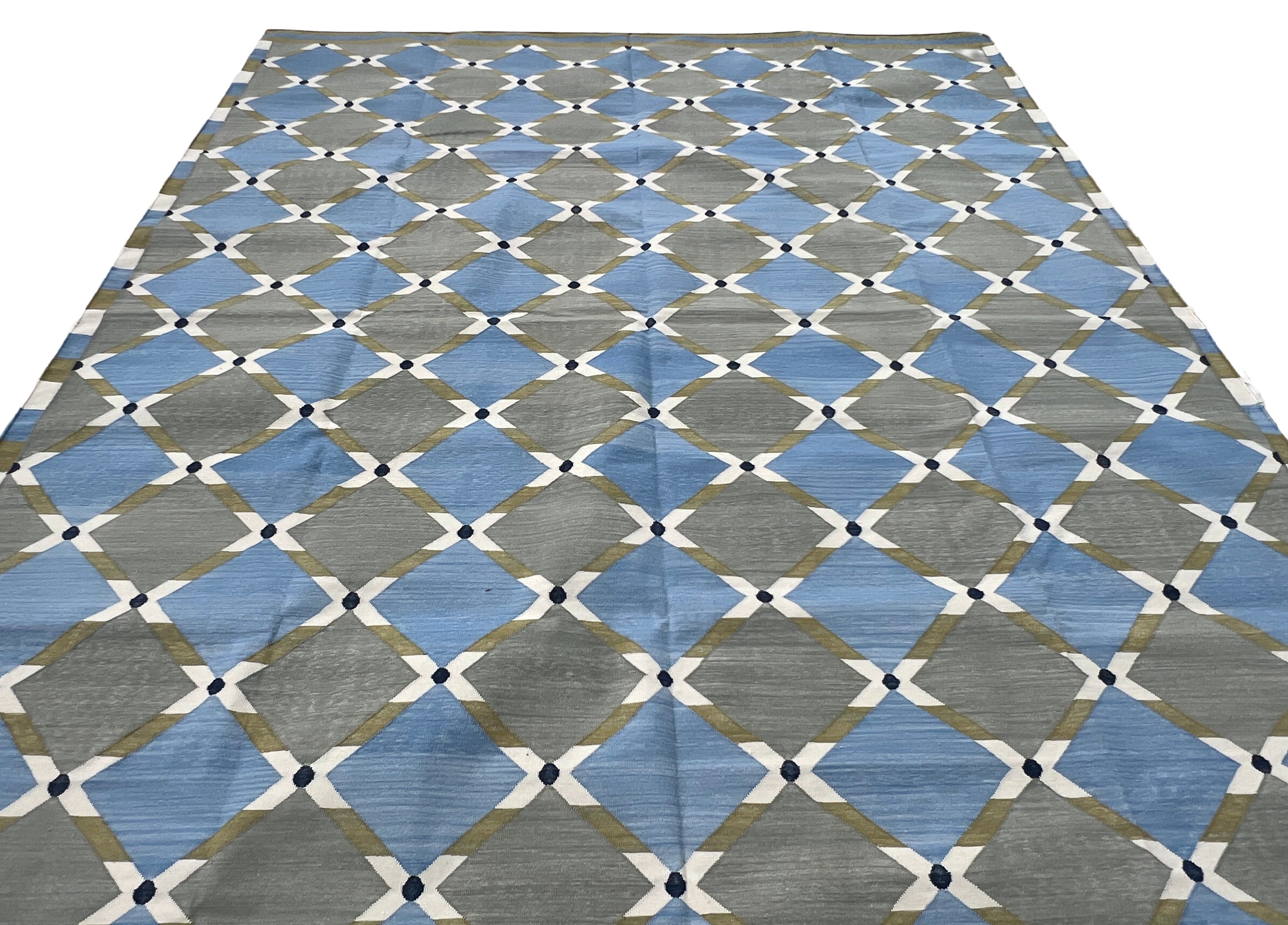 Modern Handmade Cotton Grey, Blue, Cream And Green Geometric Area Rug-6834