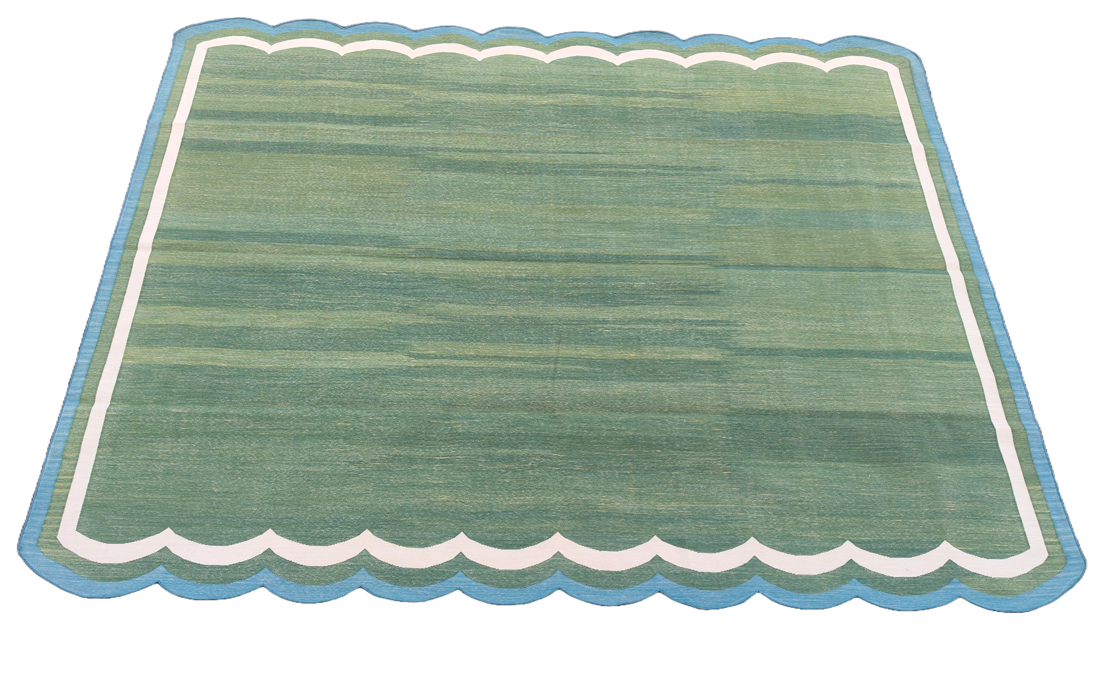 Modern Handmade Cotton Green, Cream and Teal Blue Scalloped Rug-9662