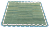 Modern Handmade Cotton Green, Cream and Teal Blue Scalloped Rug-9662
