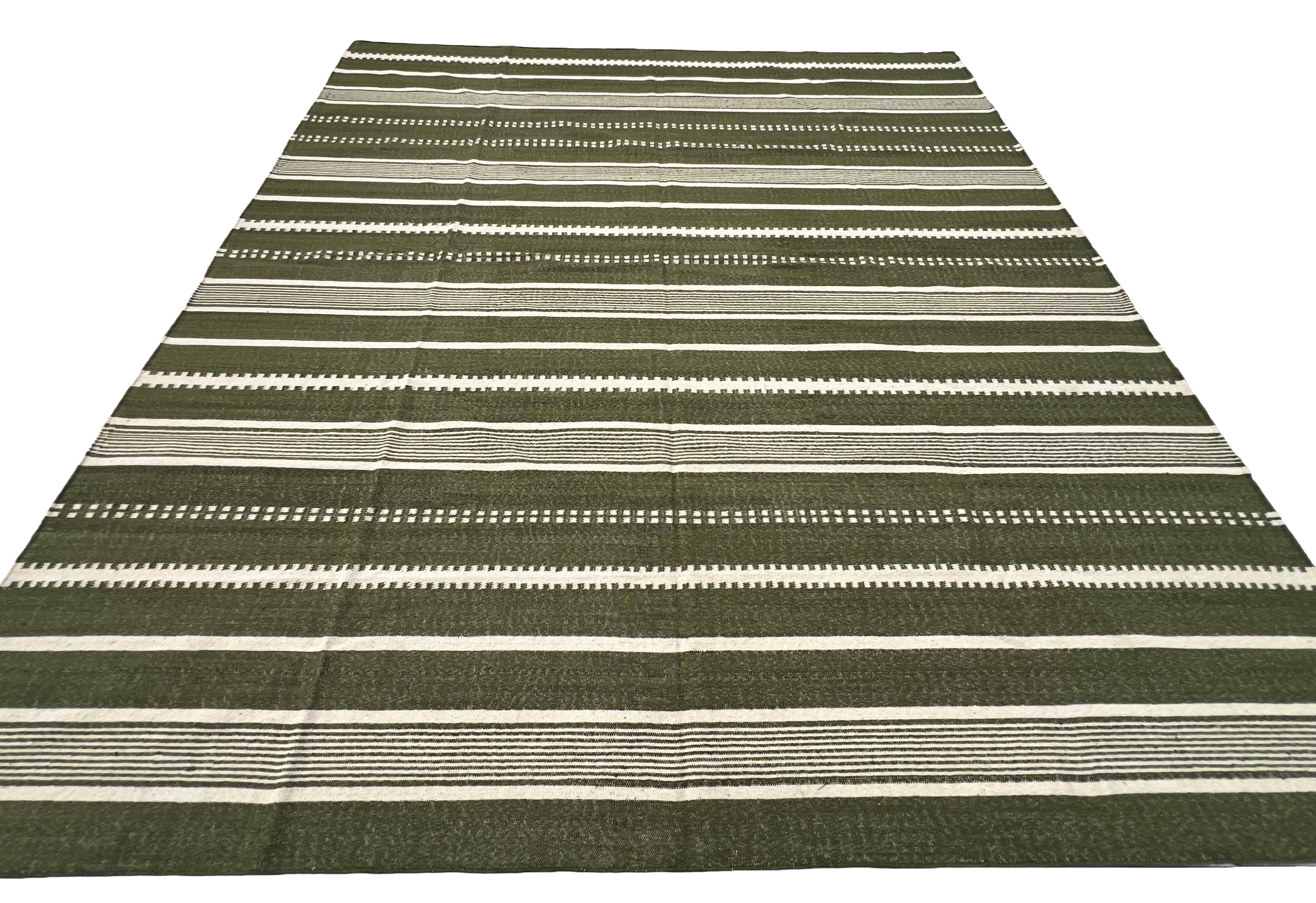 Modern Handmade Woolen Olive Green And White Striped Rug-6837