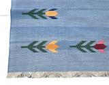 Modern Handmade Cotton Sky Blue Leaf Patterned Area Rug-6839