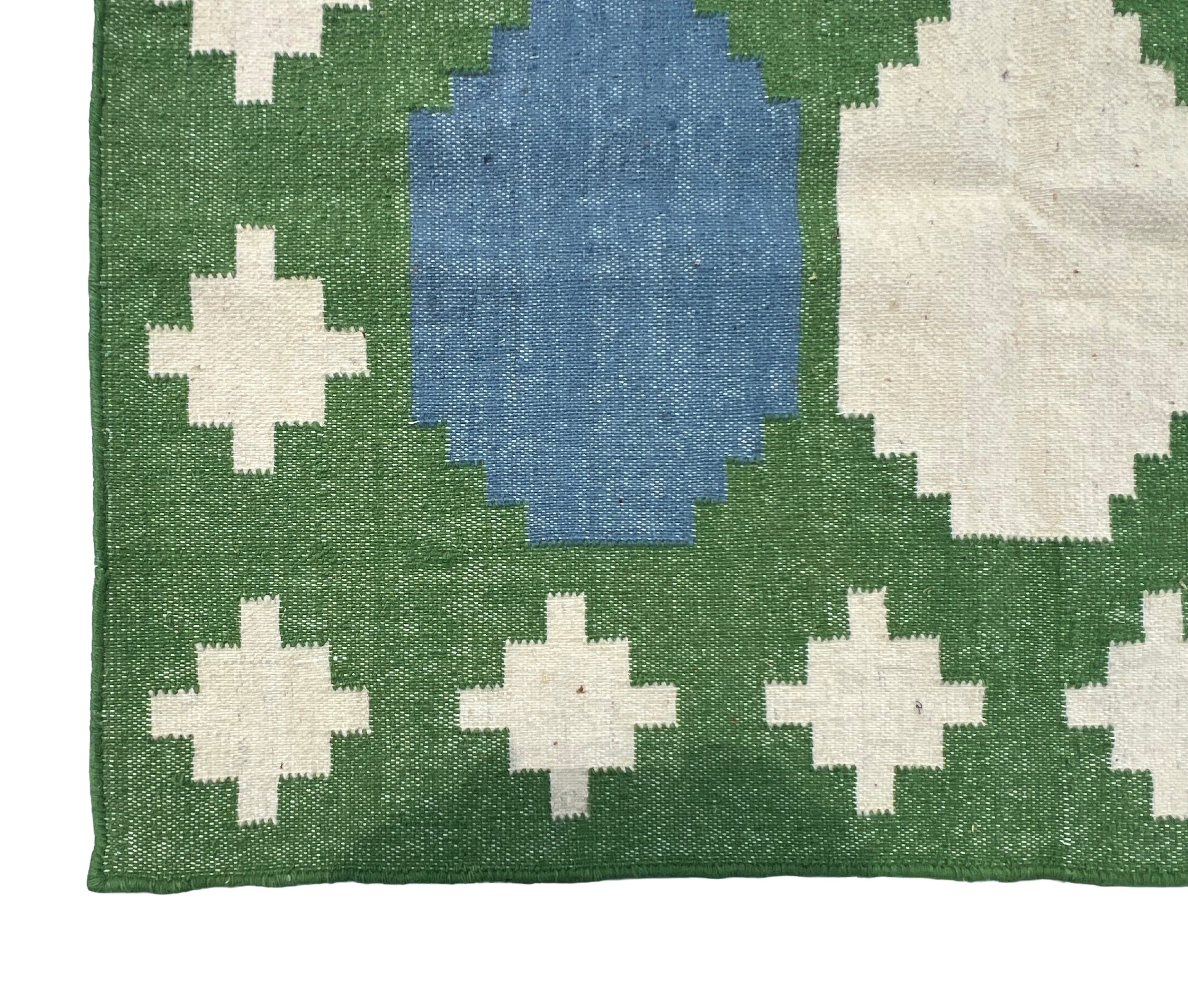 Modern Handmade New Zealand Wool Moss Green, Cream And Sky Blue Geometric Runner-6838