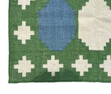 Modern Handmade New Zealand Wool Moss Green, Cream And Sky Blue Geometric Runner-6838