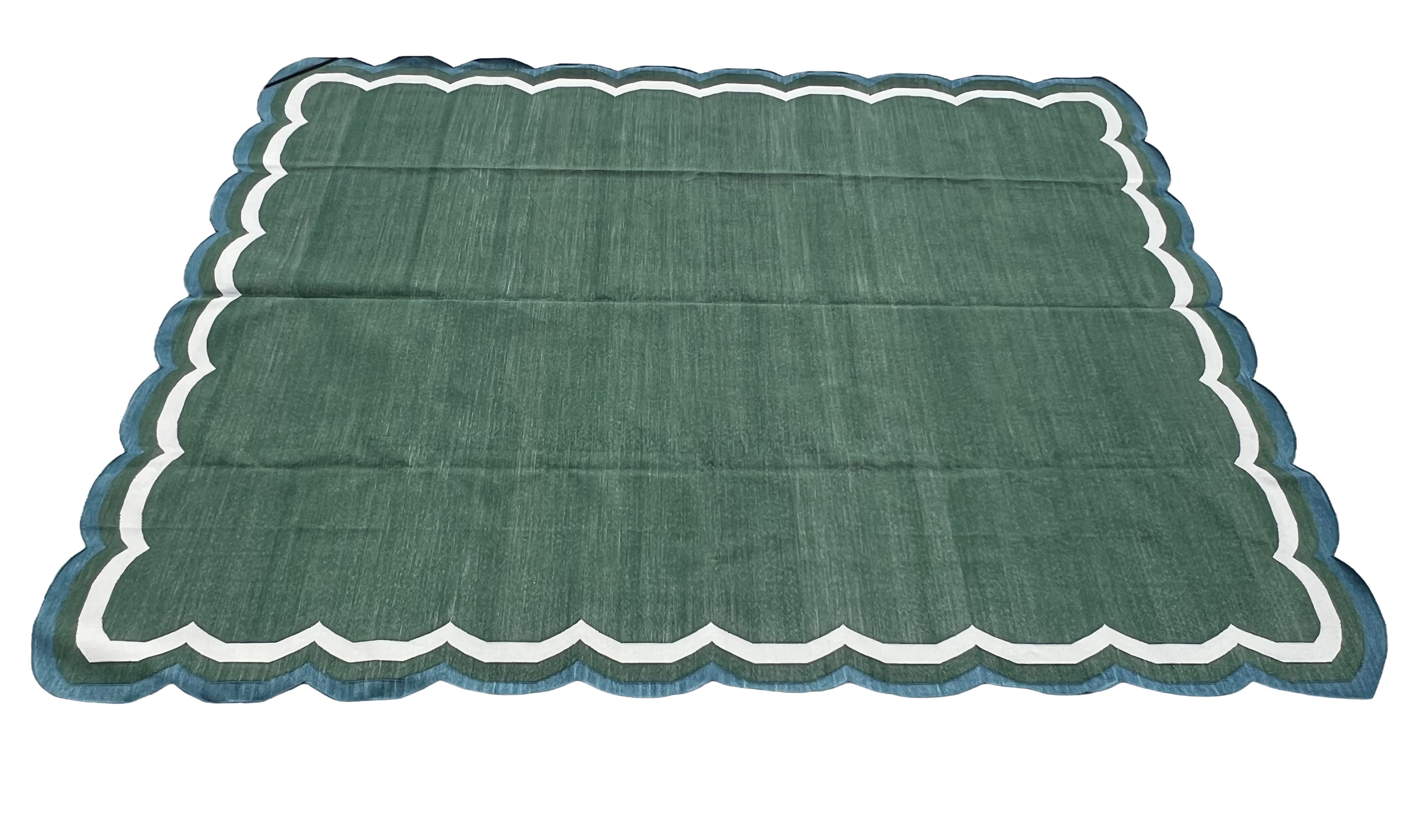 Modern Handmade Cotton Forest Green, Cream And Teal Blue 4 Sided Scalloped Rug-9670