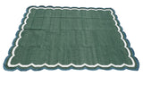 Modern Handmade Cotton Forest Green, Cream And Teal Blue 4 Sided Scalloped Rug-9670
