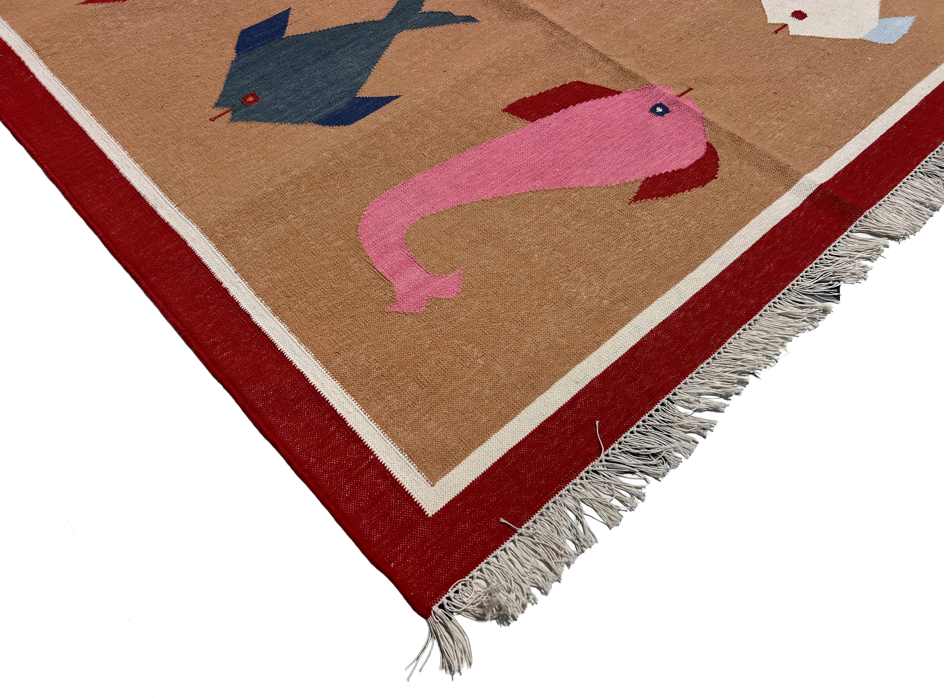 Modern Handmade Cotton Tan And Red Fish Patterned Area Rug-6840