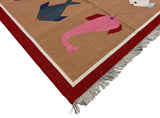 Modern Handmade Cotton Tan And Red Fish Patterned Area Rug-6840
