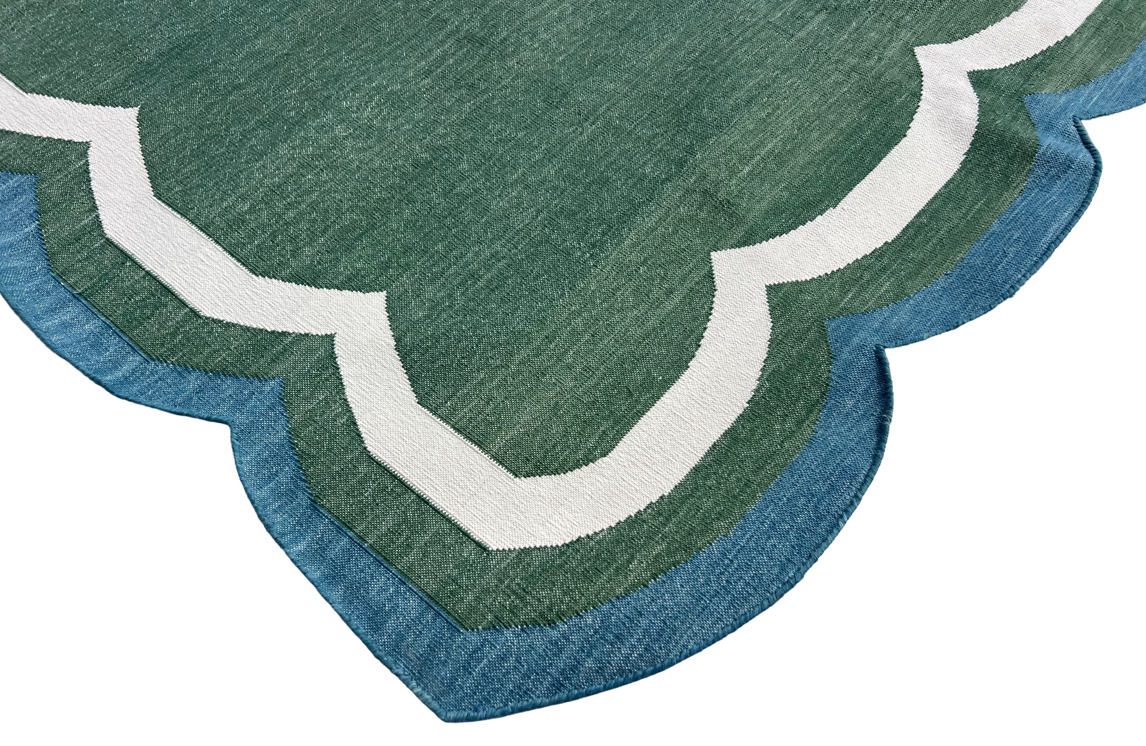 Modern Handmade Cotton Forest Green, Cream And Teal Blue 4 Sided Scalloped Rug-9670