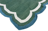 Modern Handmade Cotton Forest Green, Cream And Teal Blue 4 Sided Scalloped Rug-9670