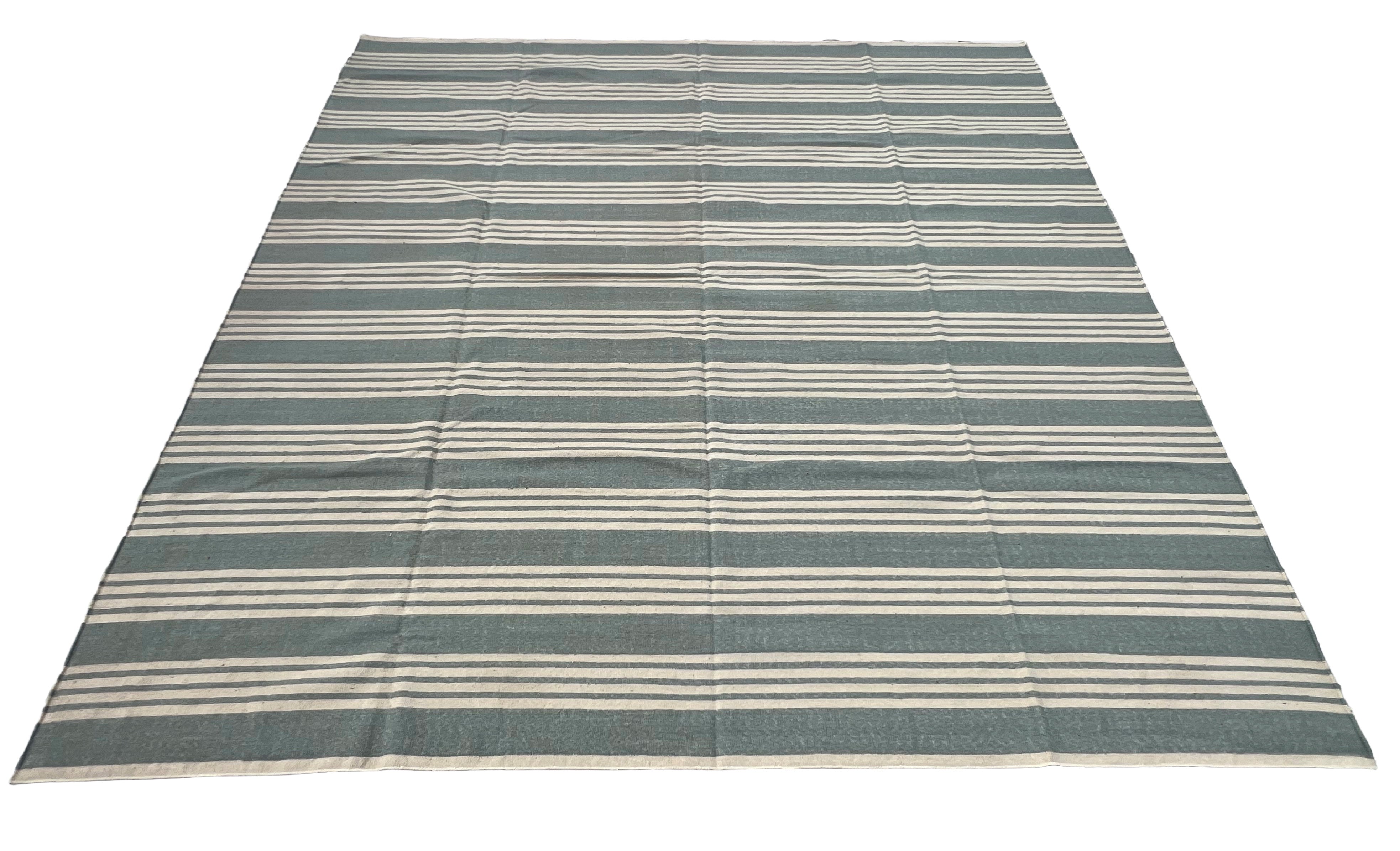 Modern Handmade Woolen Greyish Blue And White Striped Rug-6836