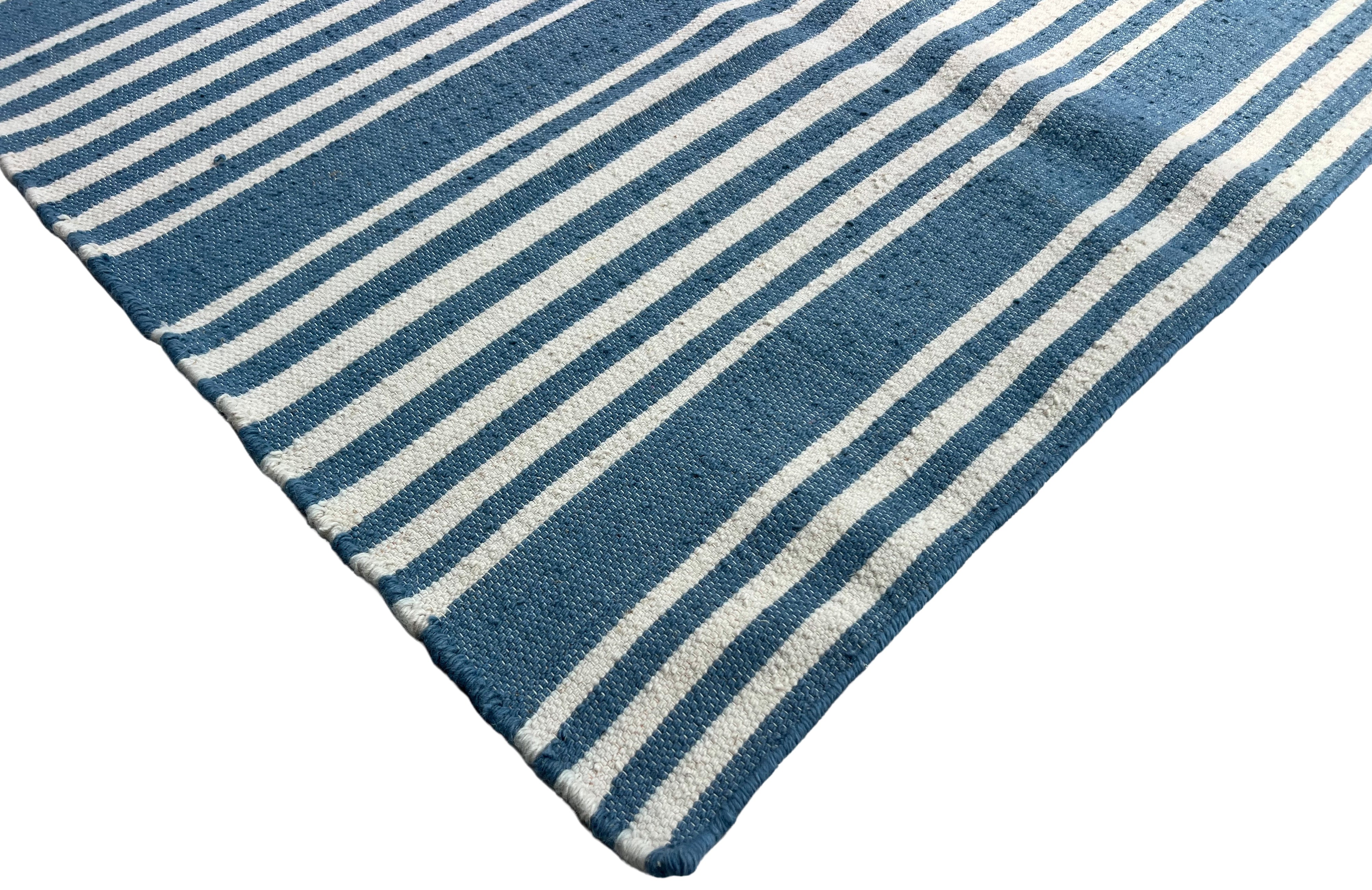 Modern Handmade Thick Woolen Sky Blue And White Striped Rug-6833