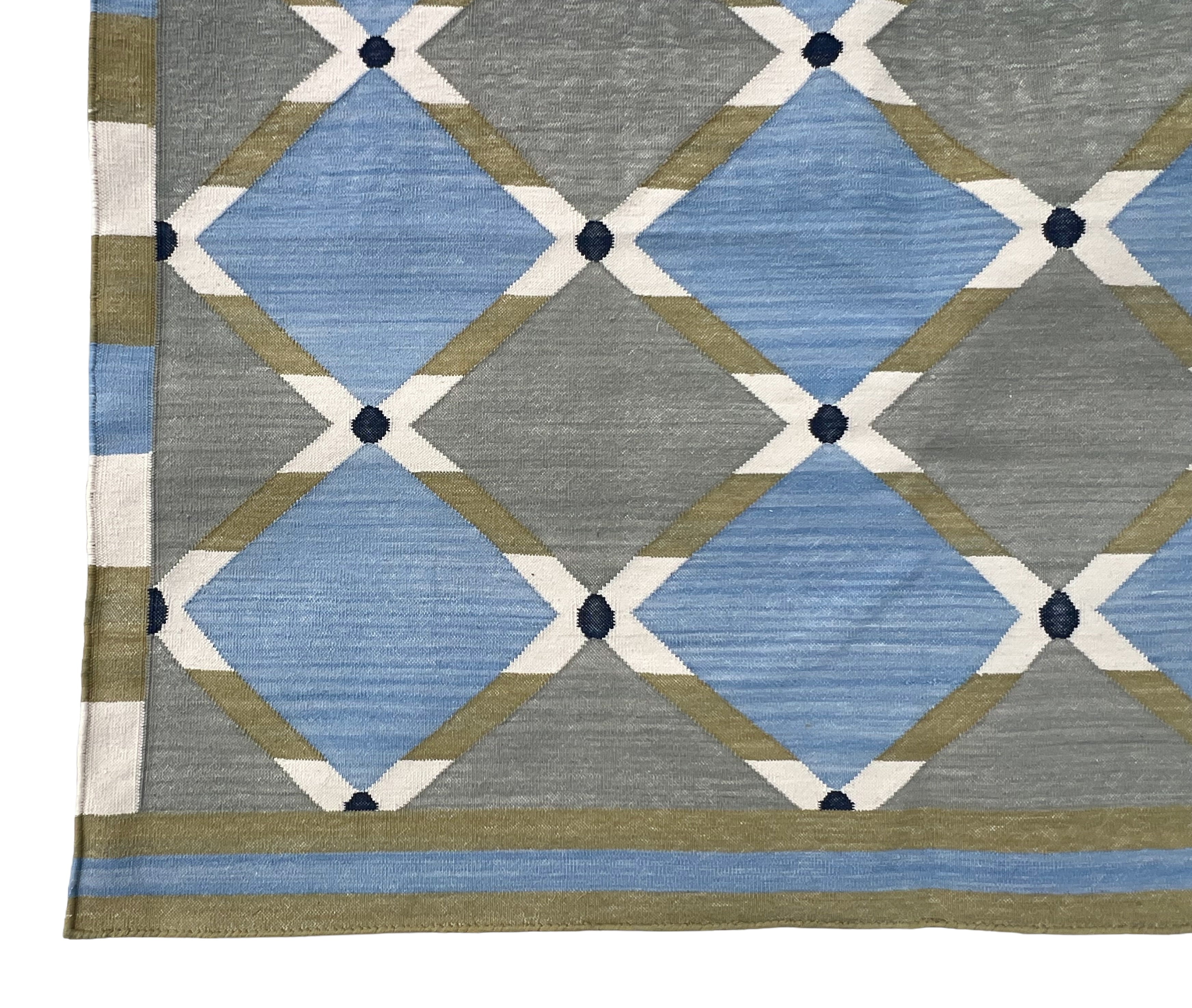 Modern Handmade Cotton Grey, Blue, Cream And Green Geometric Area Rug-6834