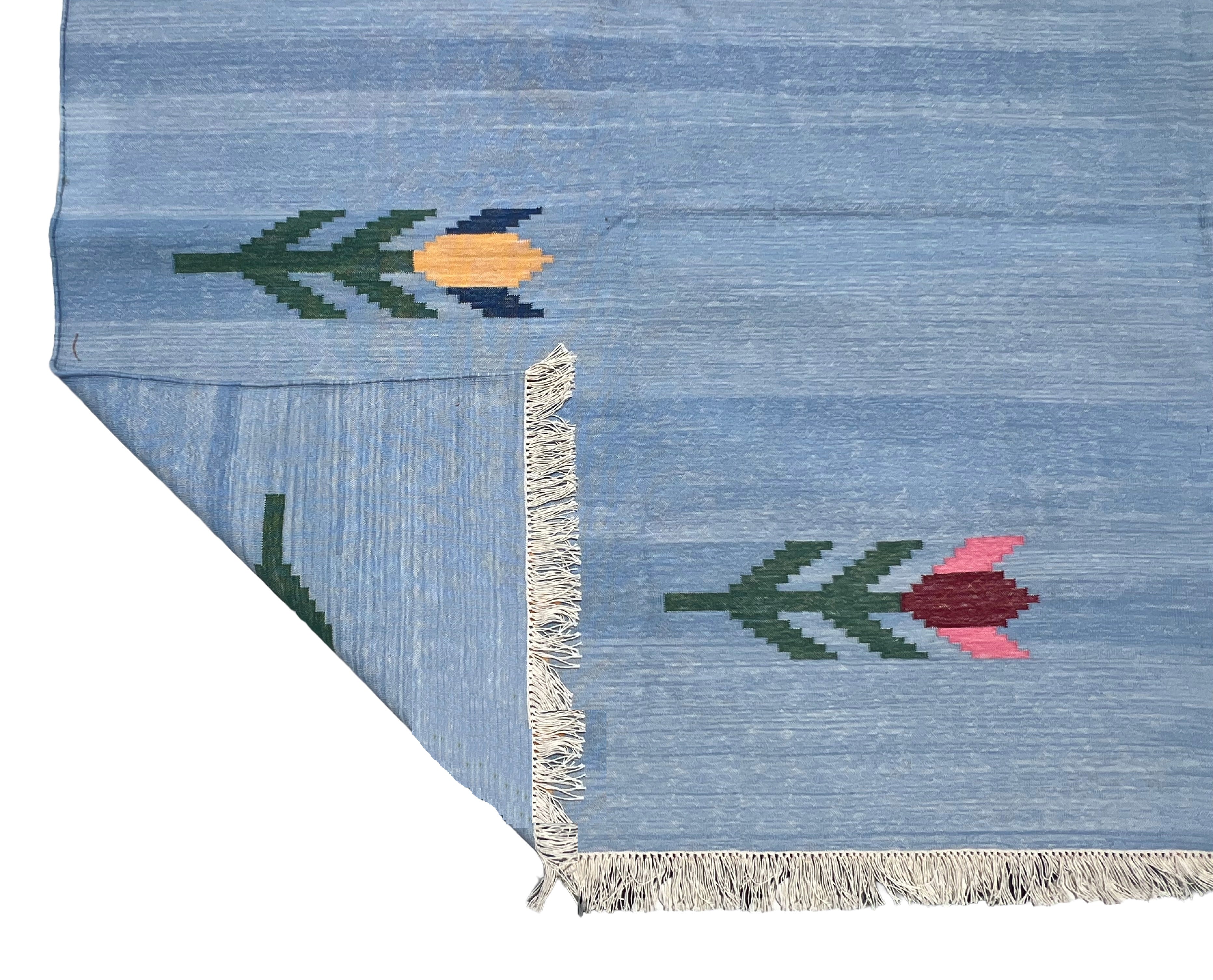 Modern Handmade Cotton Sky Blue Leaf Patterned Area Rug-6839