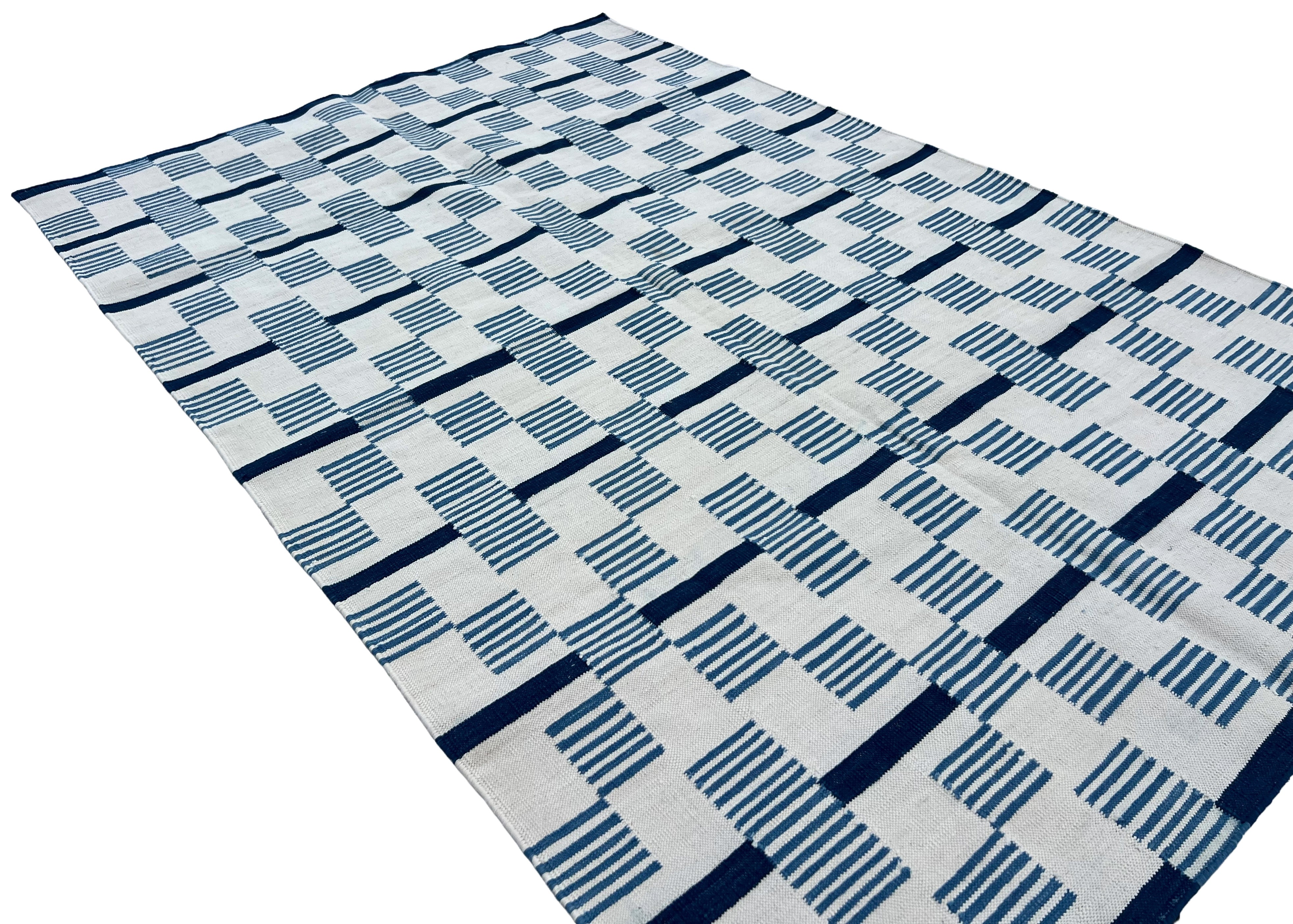 Modern Handmade Cotton Rug, 4x6 White And Blue Star And Dash Striped Rug-6846