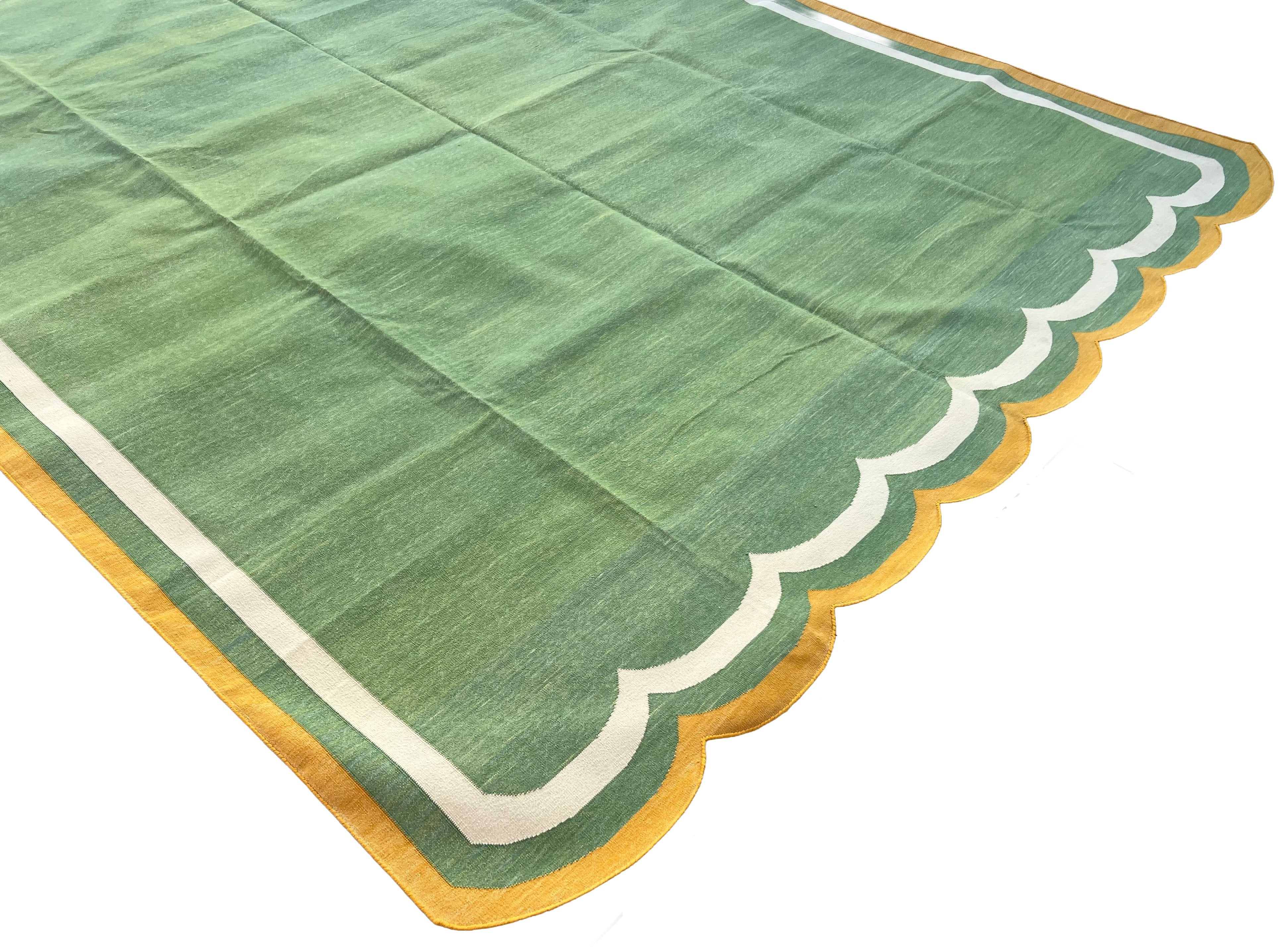 Modern Handmade Cotton Moss Green, Cream and Mustard Scalloped Rug-9667