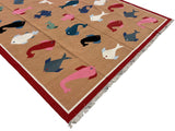 Modern Handmade Cotton Tan And Red Fish Patterned Area Rug-6840