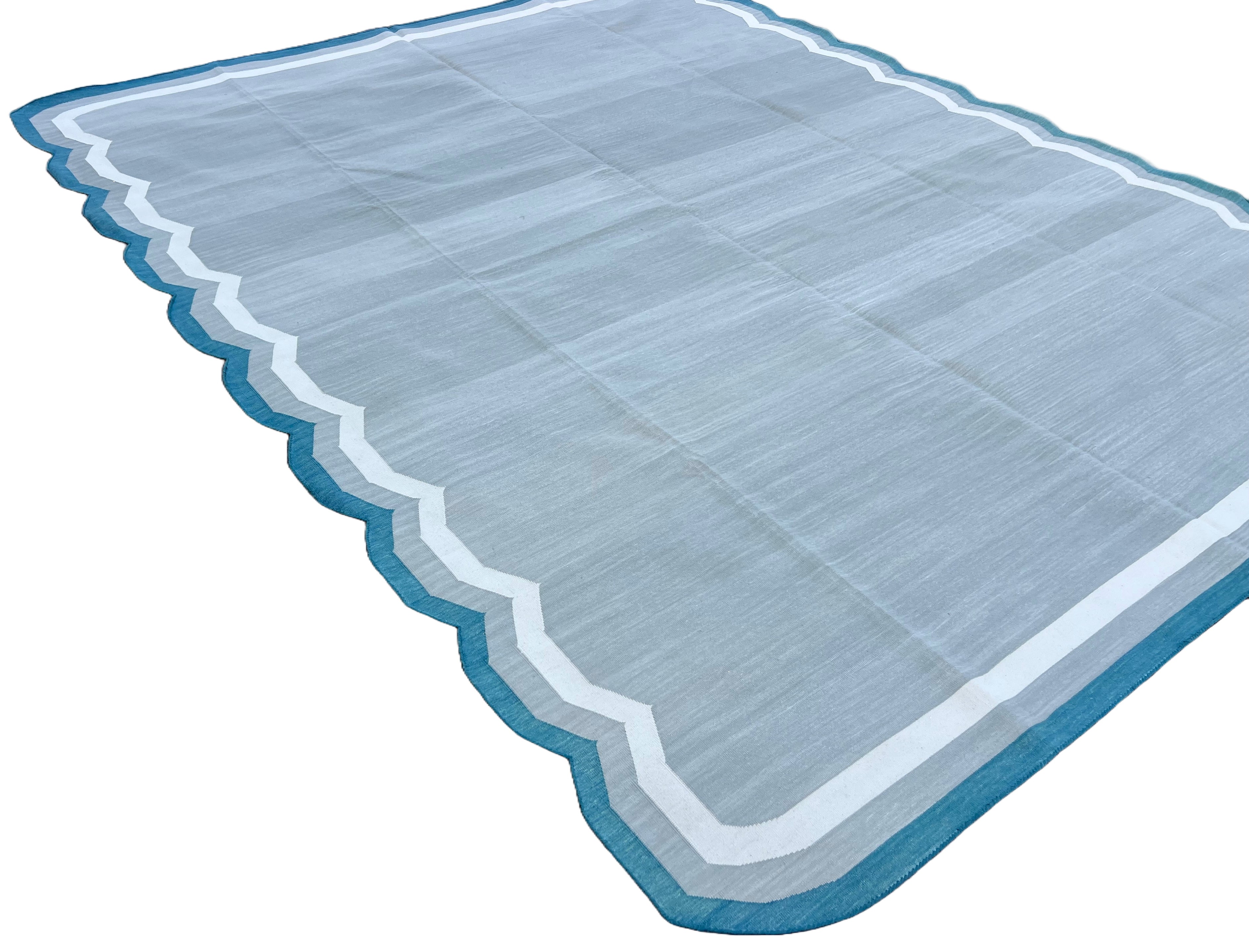 Modern Handmade Cotton Gray, Cream and Teal Blue Scalloped Rug-9661