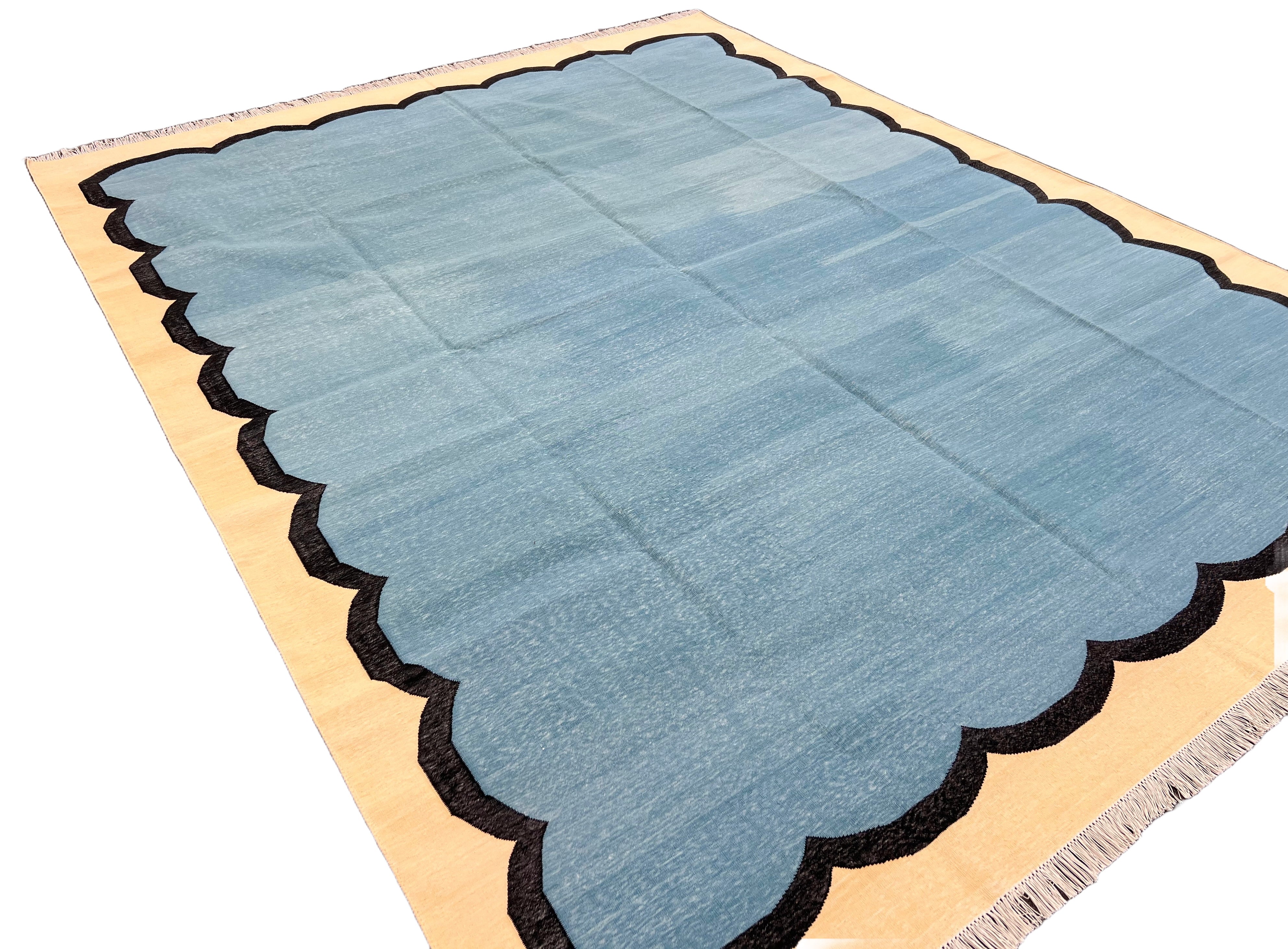 Modern Handmade Cotton Teal Blue, Black and Cream Scalloped Rug-6766