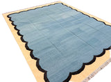 Modern Handmade Cotton Teal Blue, Black and Cream Scalloped Rug-6766