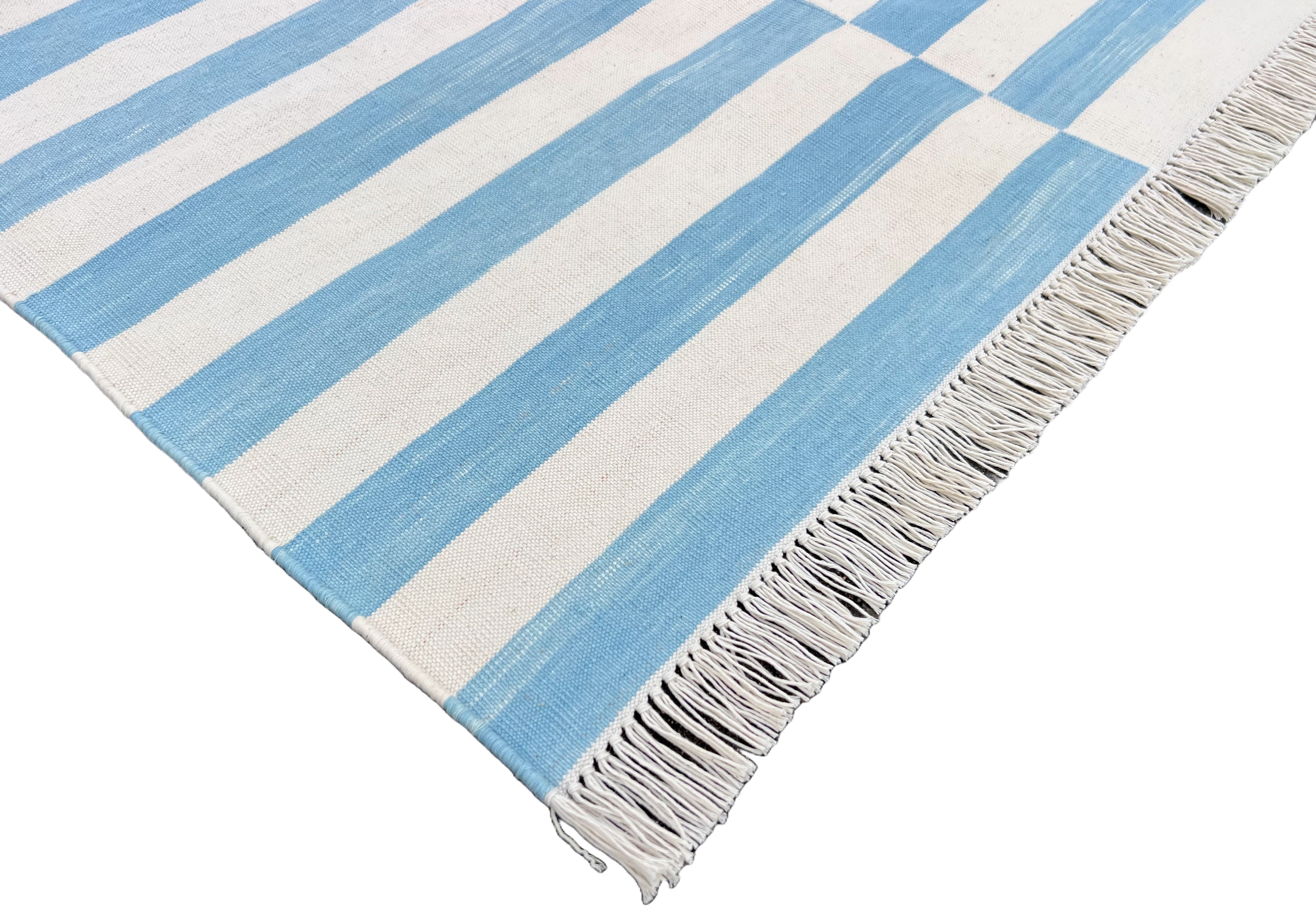 Modern Handmade Cotton Sky Blue And White Up Down Striped Runner-6761