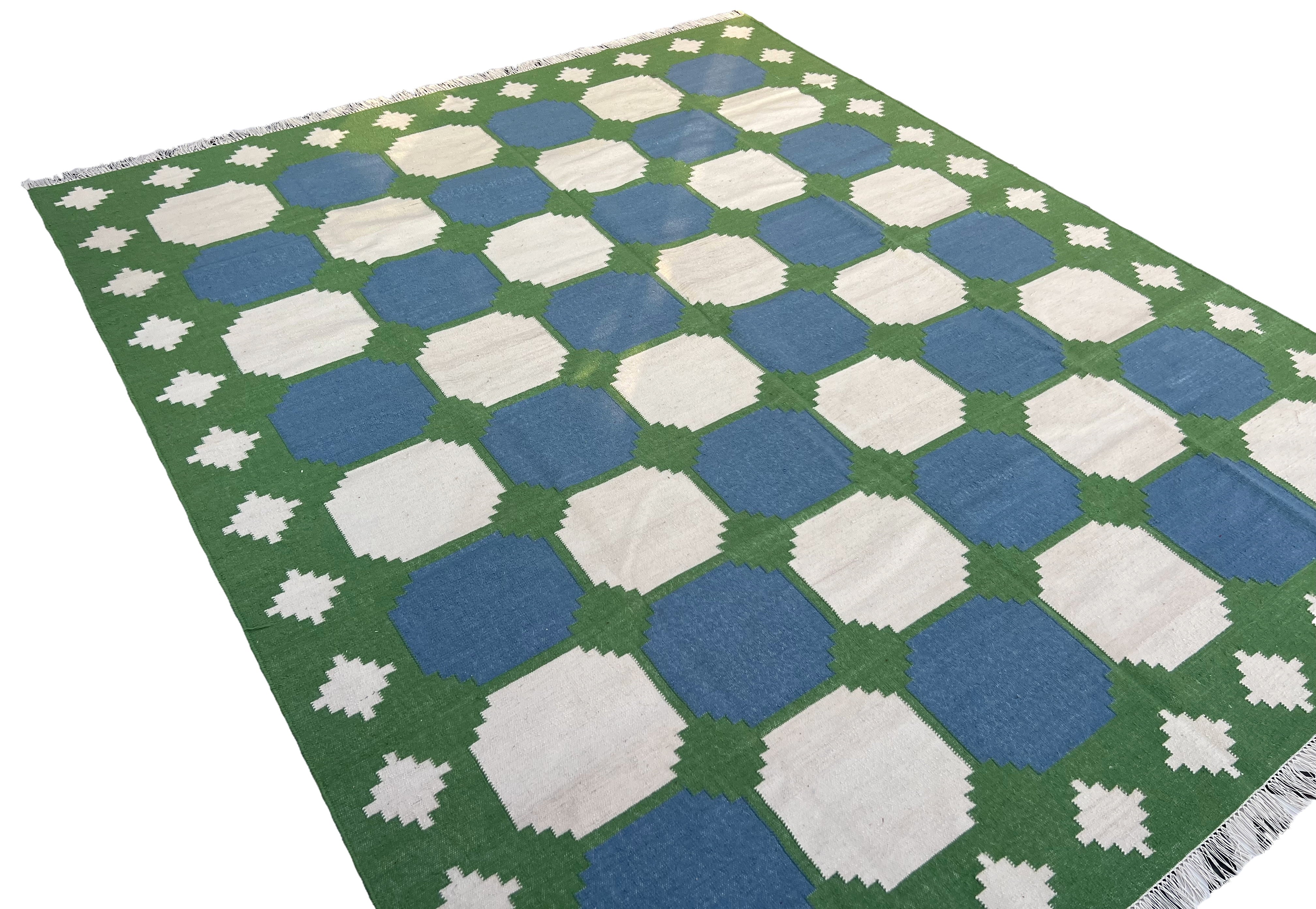 Modern Handmade Woolen Sky Blue, Green And Cream Swedish Tile Geometric Rug-6821
