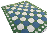 Modern Handmade Woolen Sky Blue, Green And Cream Swedish Tile Geometric Rug-6821