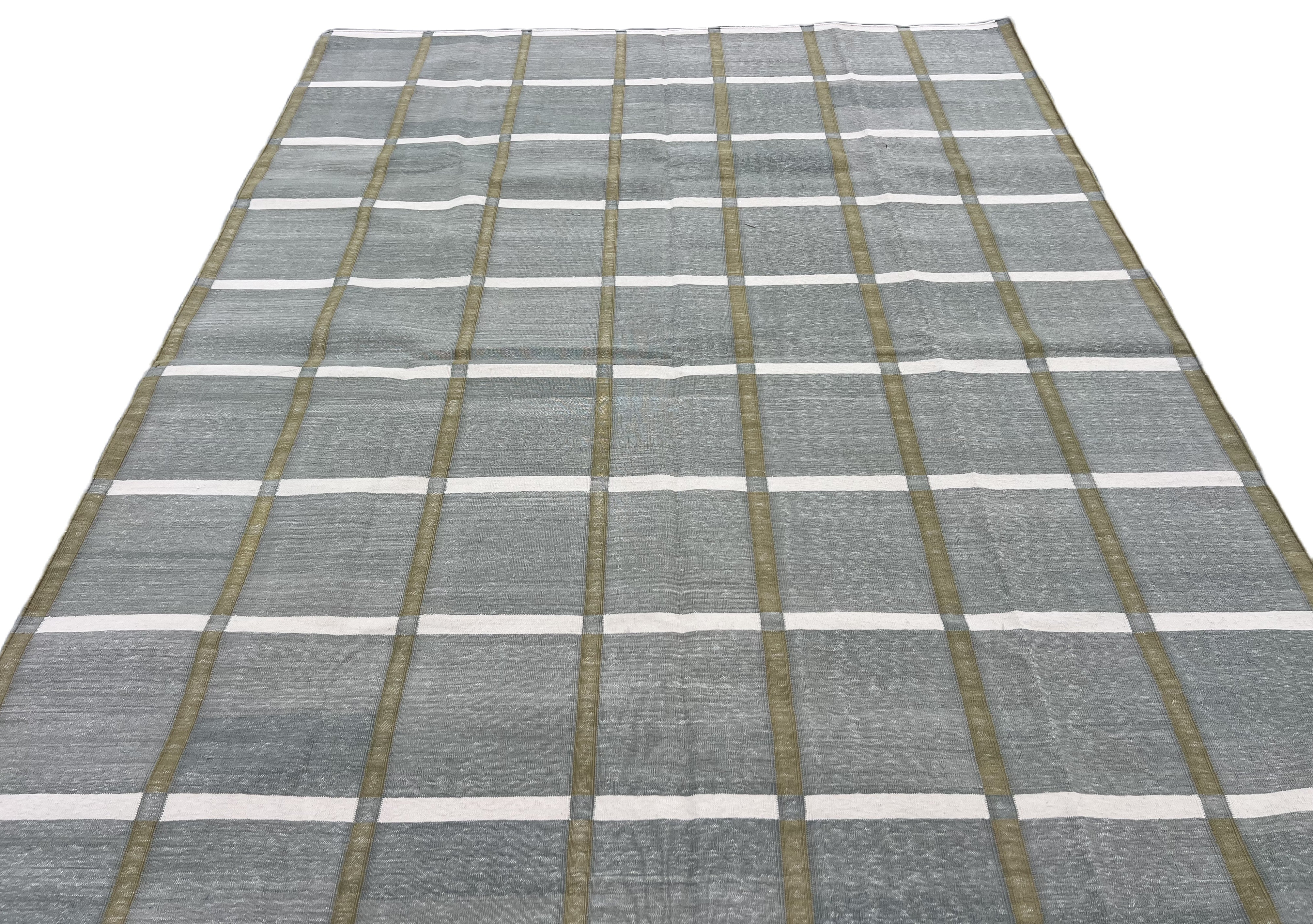 Modern Handmade Cotton Gray, Cream And Olive Green Windowpane Checked Area Rug-6853