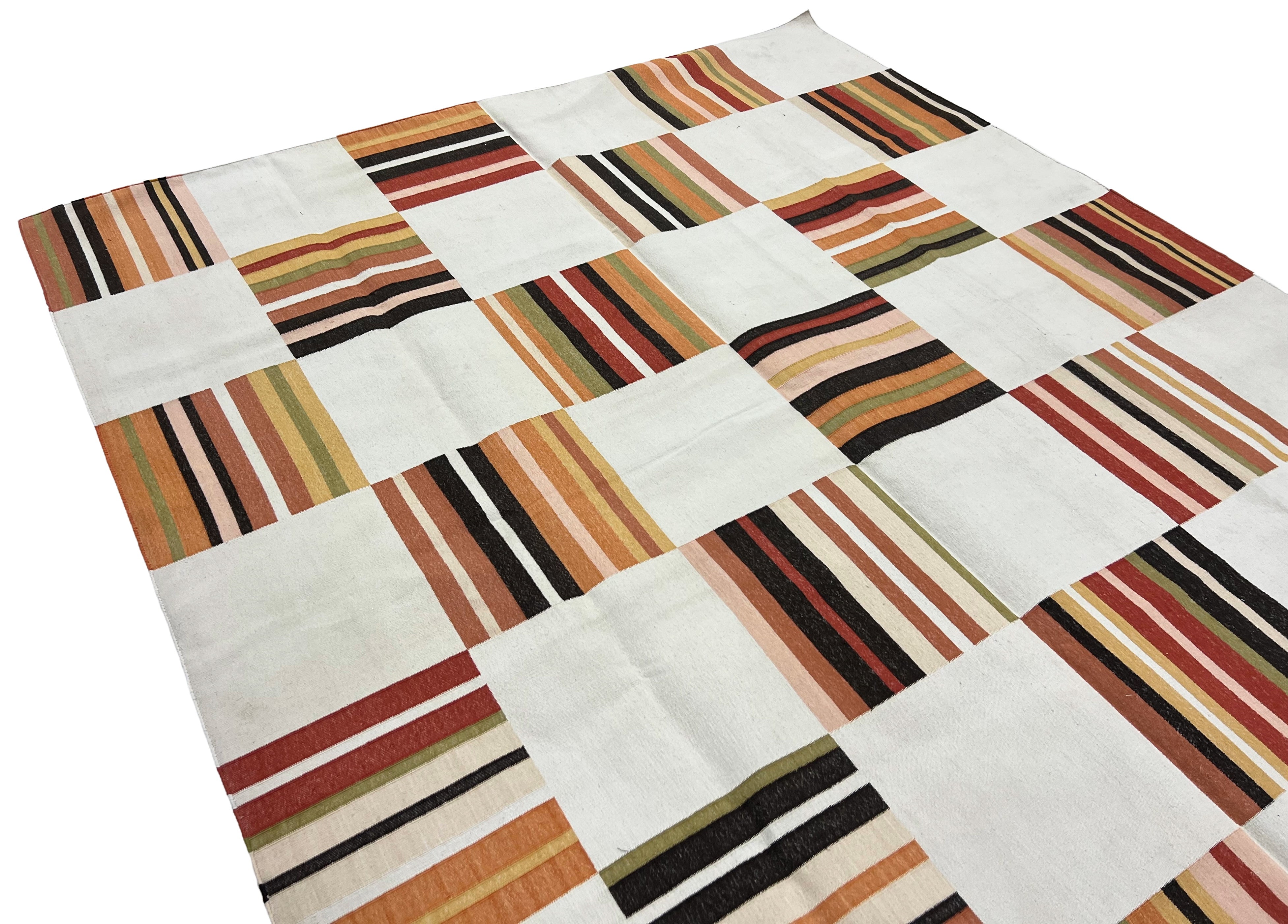 Modern Handmade Cotton Rug, 90"x105" Cream, Red Tile Striped Rug-6802