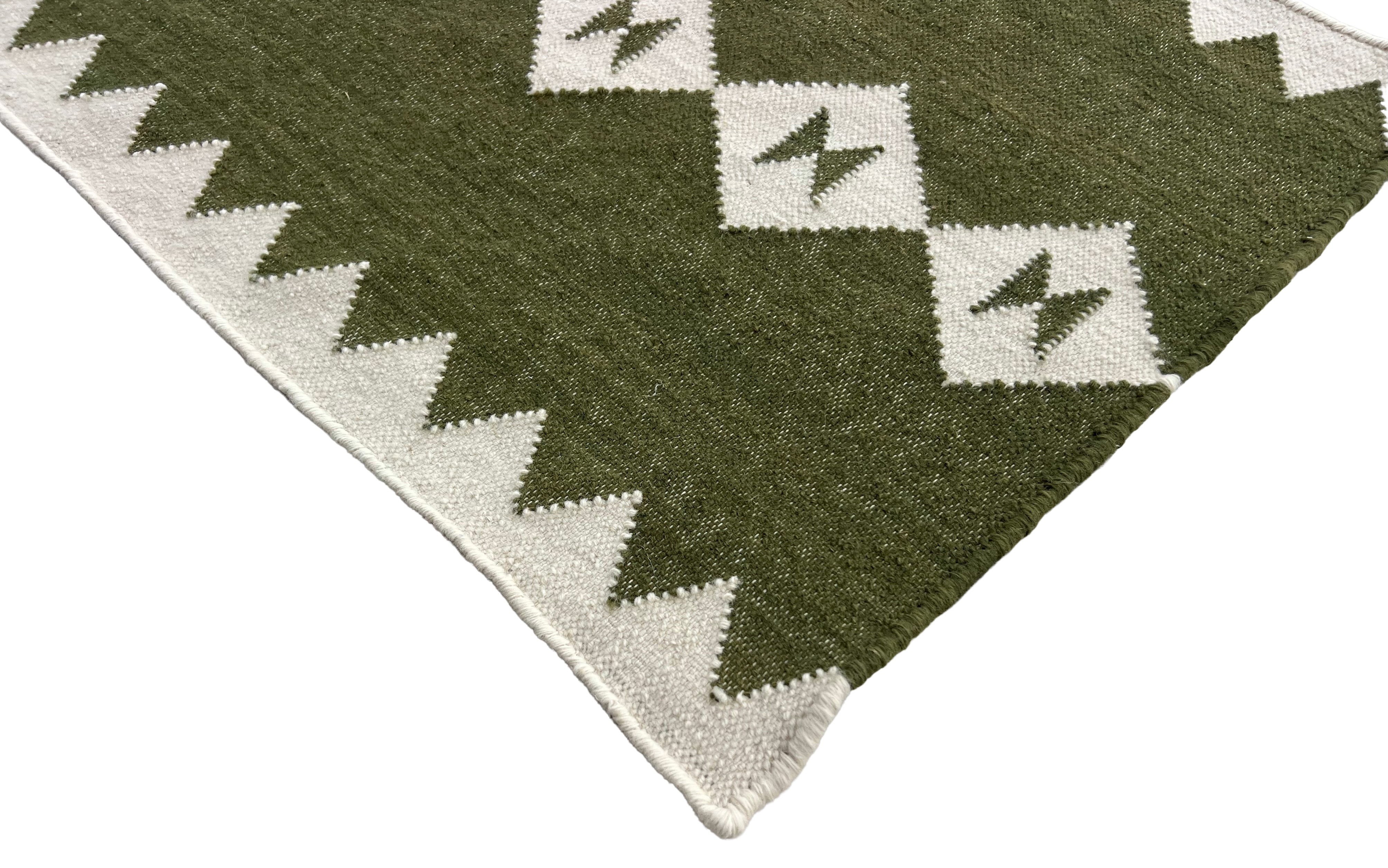 Modern Handmade New Zealand Wool Dark Olive Green And White Geometric Runner-6824