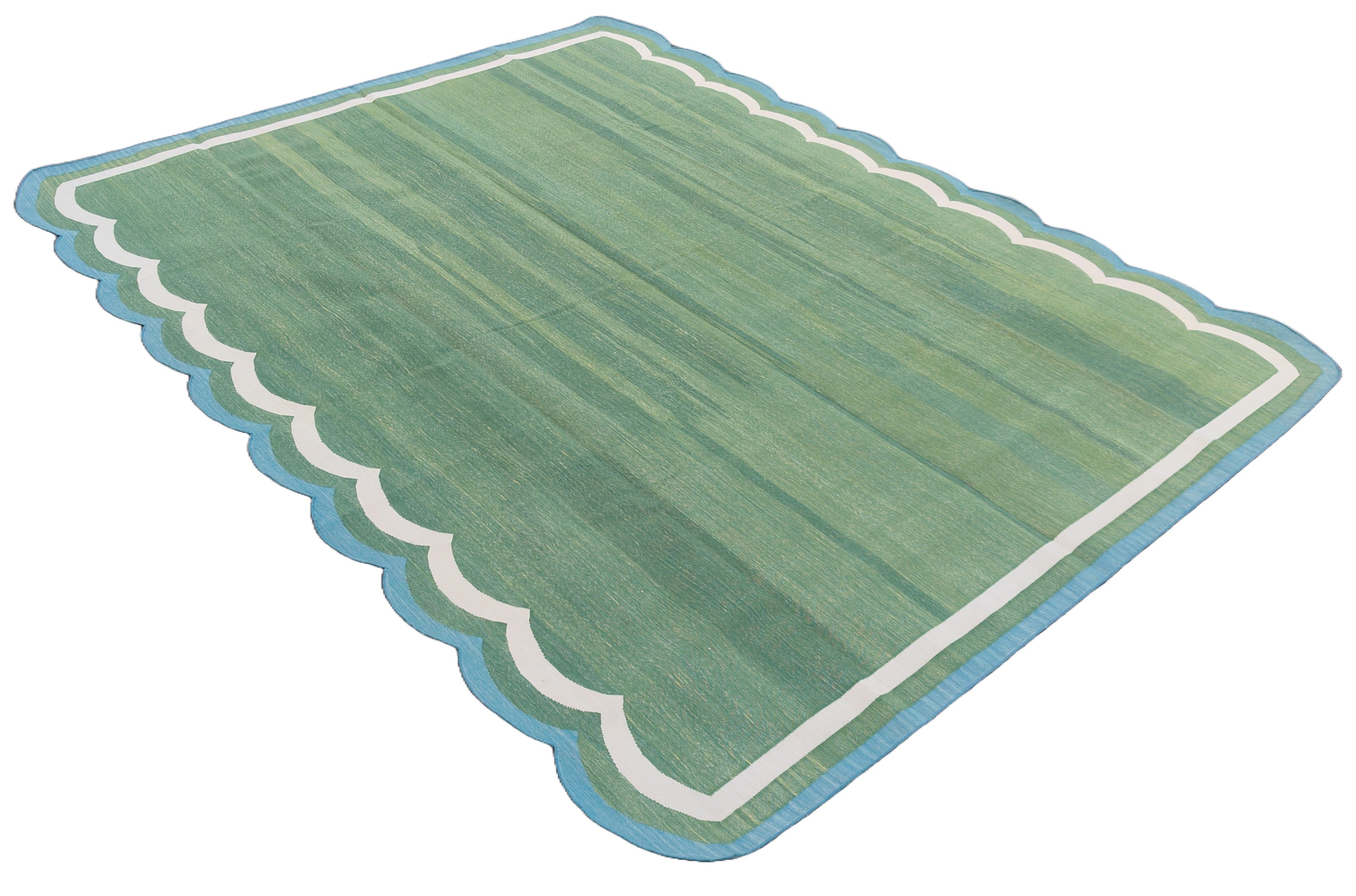 Modern Handmade Cotton Green, Cream and Teal Blue Scalloped Rug-9662