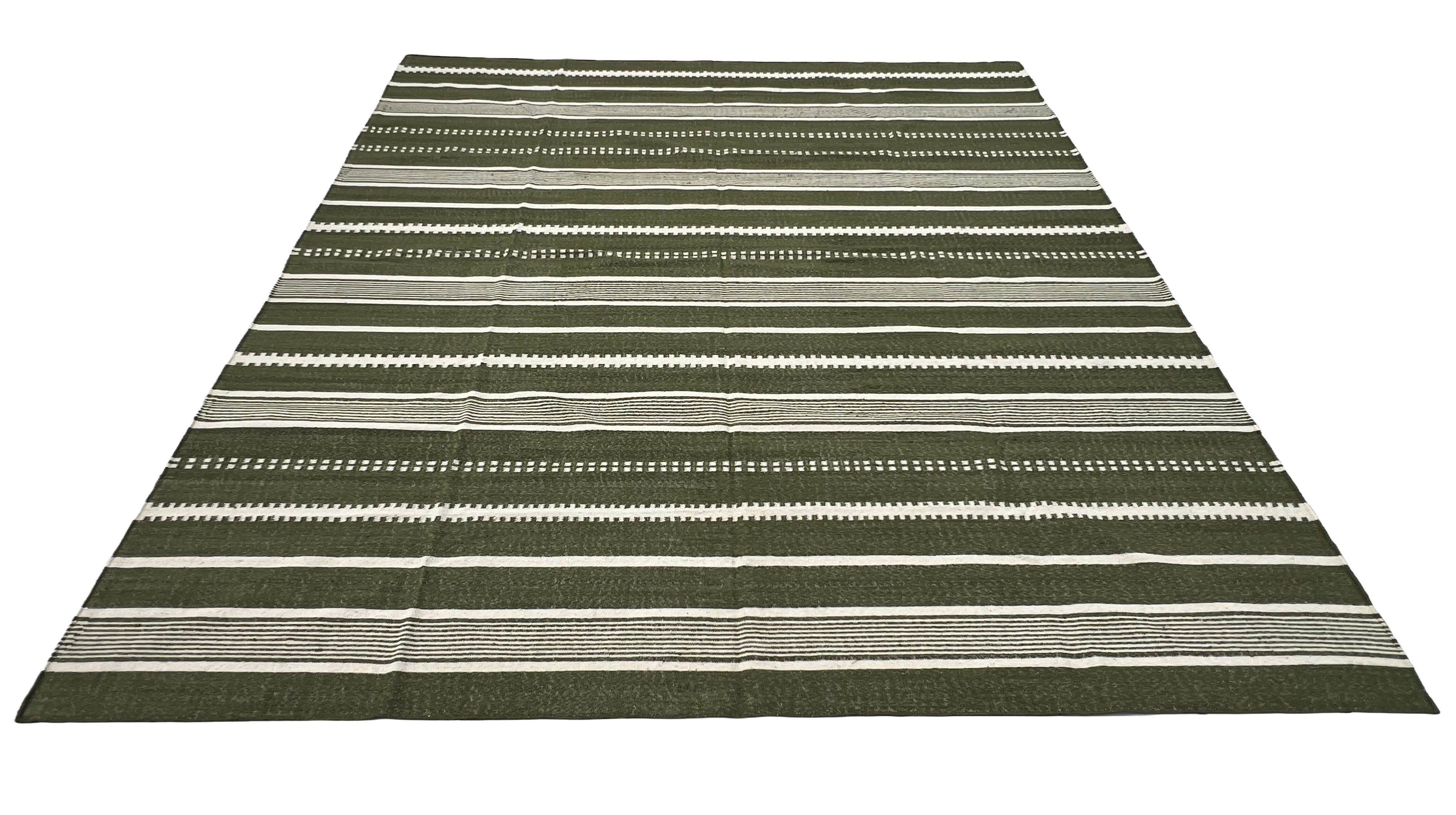 Modern Handmade Woolen Olive Green And White Striped Rug-6837