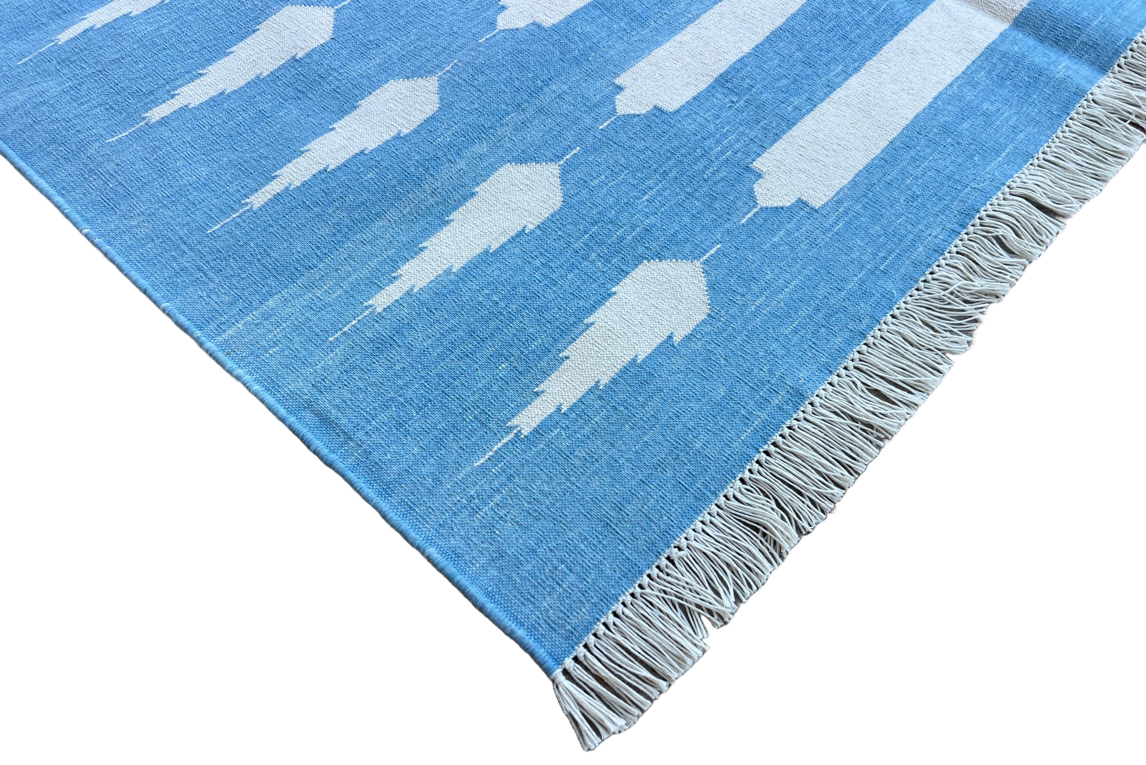 Modern Handmade Cotton Sky Blue And White Striped Dhurrie Runner-6792