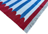 Modern Handmade Cotton Blue, White And Red Scalloped Striped Area Rug-6795
