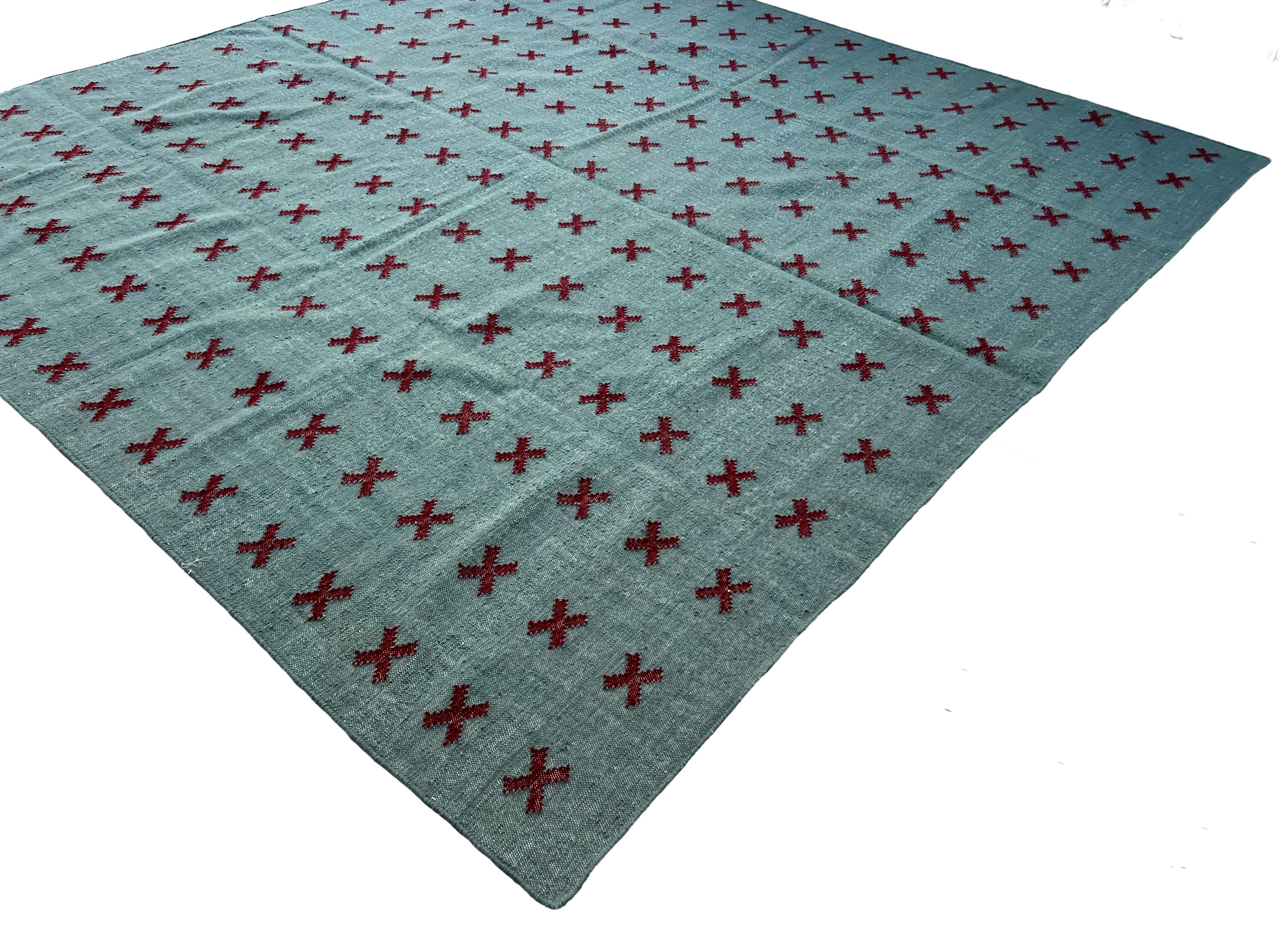 Modern Handmade Woolen Turquoise Blue And Burgundy Cross Pattern Rug-6804