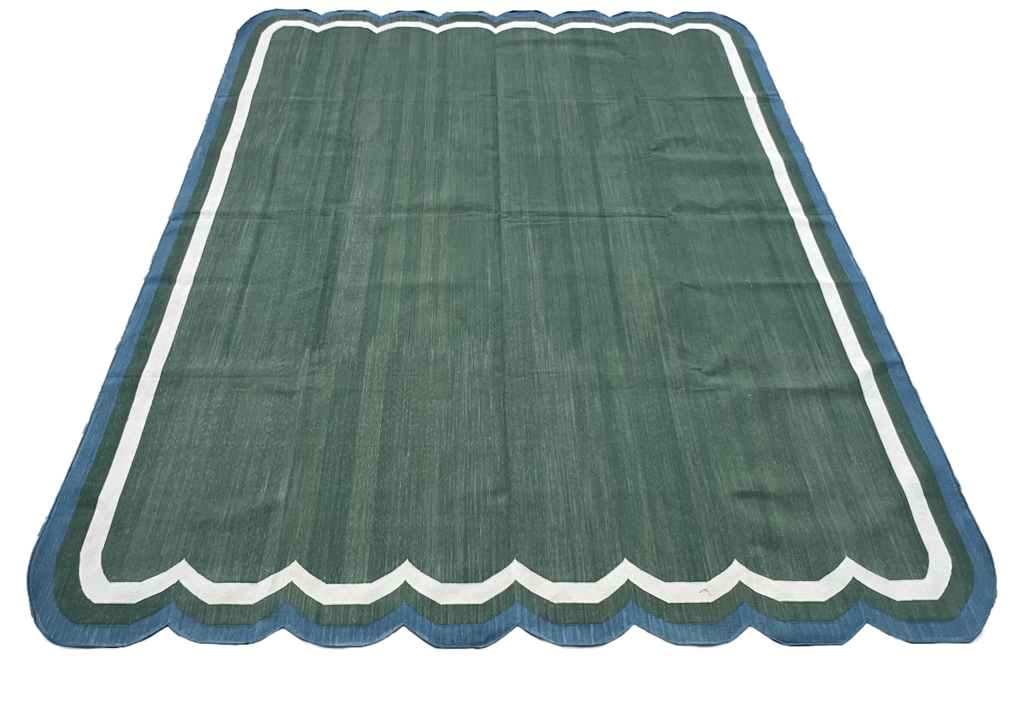 Modern Handmade Cotton Forest Green, Cream And Teal Blue Two Sided Scalloped Rug-9671