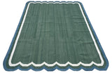 Modern Handmade Cotton Forest Green, Cream And Teal Blue Two Sided Scalloped Rug-9671