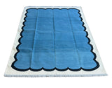 Modern Handmade Cotton Teal Blue, Black and Cream Scalloped Rug-6791