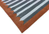 Modern Handmade Cotton Sky Blue, Gray And Terracotta Scalloped Striped Area Rug-6831