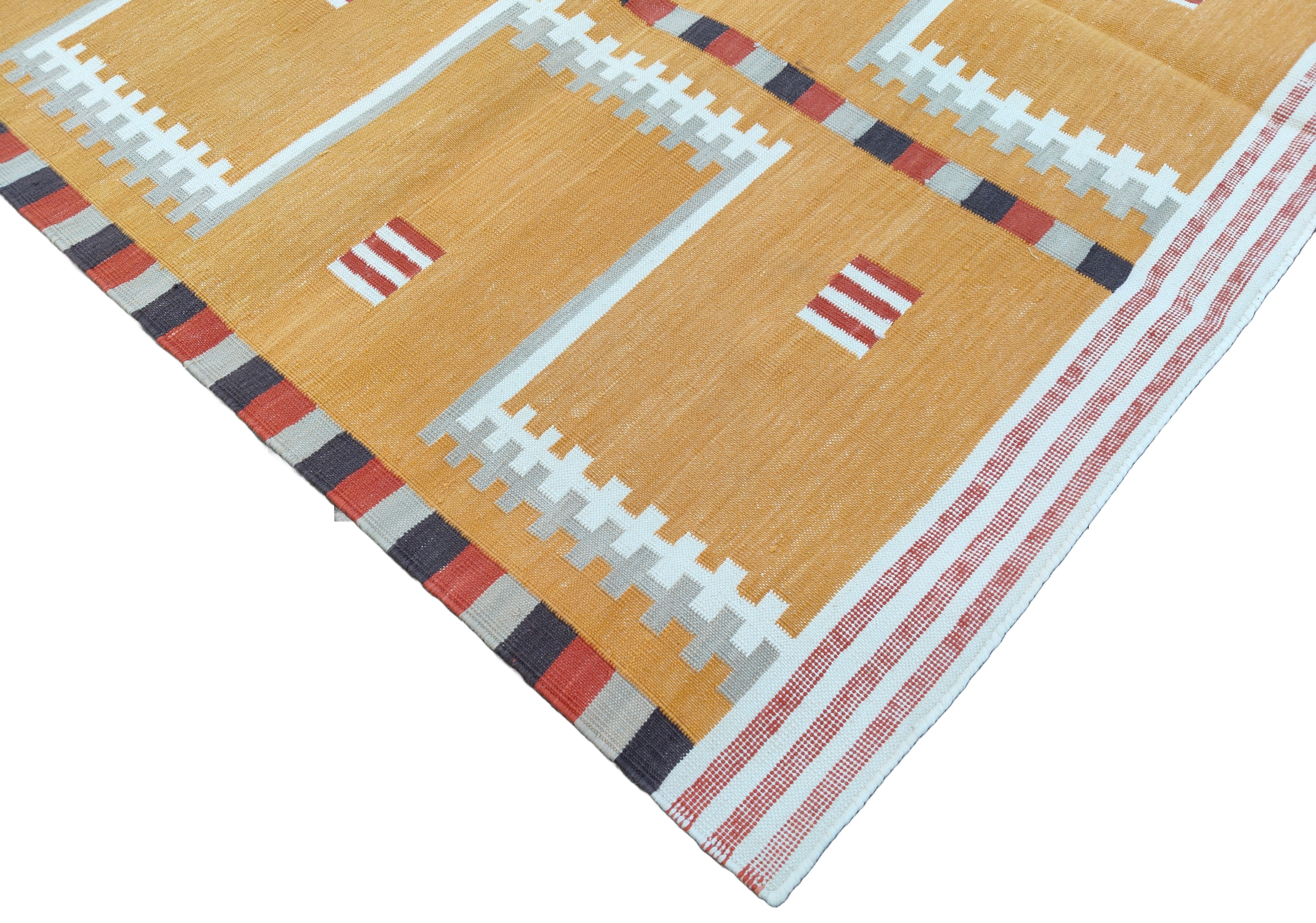 Modern Handmade Cotton Rug, 4x6 Mustard And Cream Geometric Rug-6776