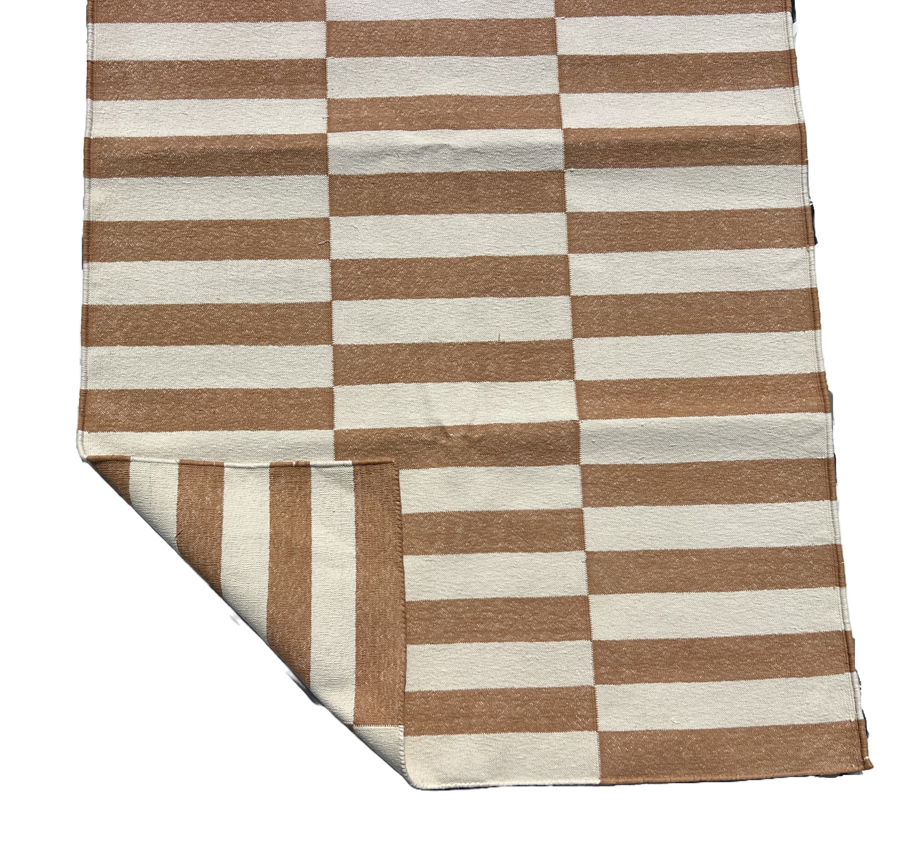 Modern Handmade Cotton Tan And White Up Down Striped Dhurrie Runner-6850